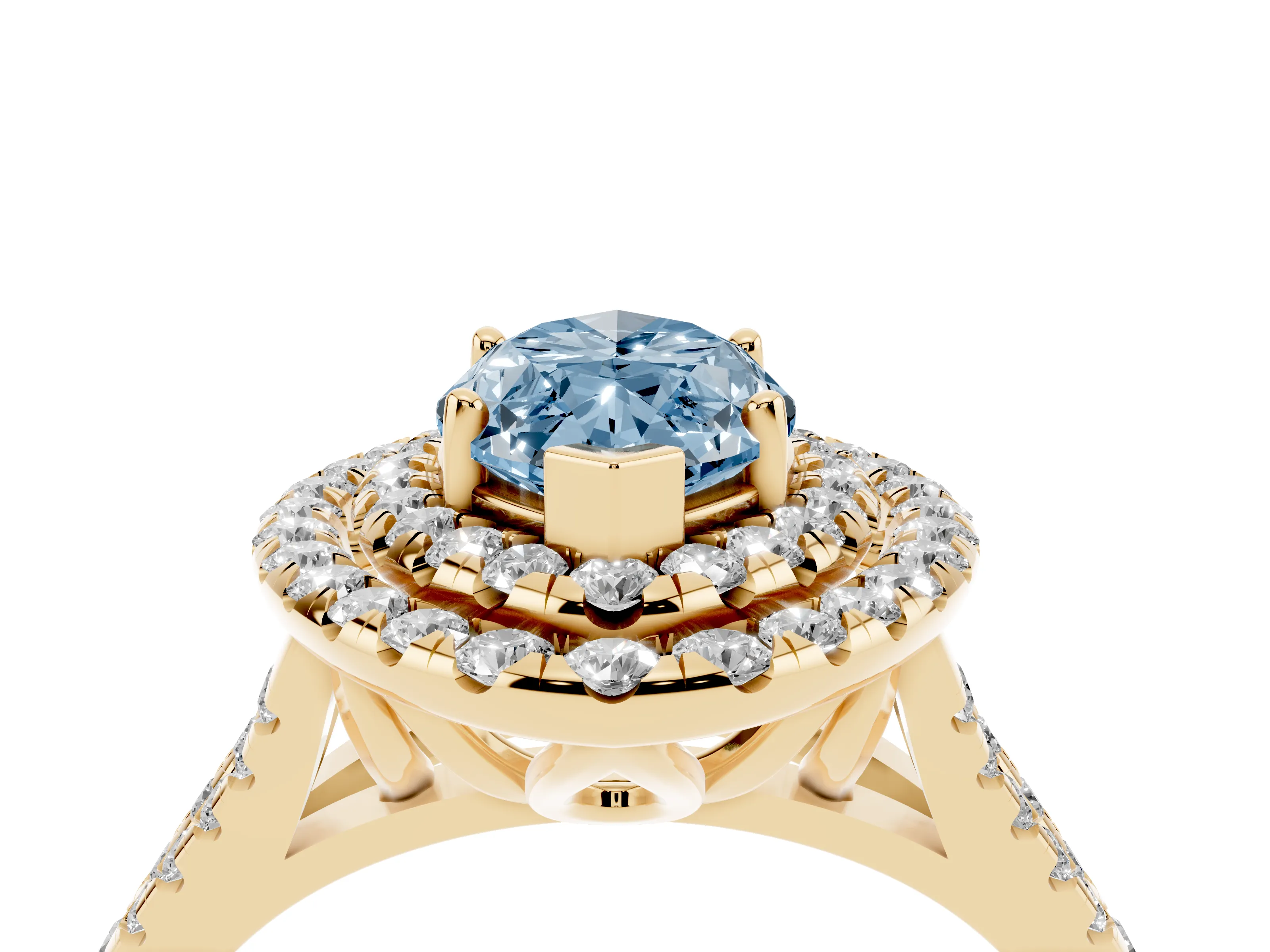 Fancy Blue Marquise Cut Diamond Double Halo Ring Set in Yellow gold with Pavé Split Shank and Prong Setting