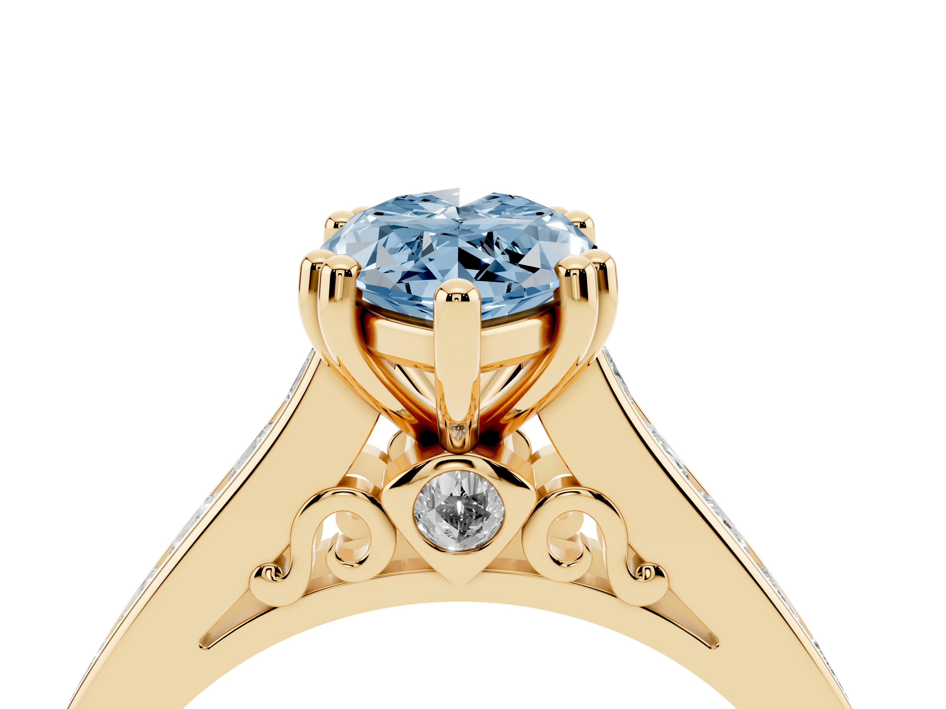 Fancy Blue Marquise Cut Diamond Channel Set Solitaire Engagement Ring Set in Yellow gold with Prong Setting