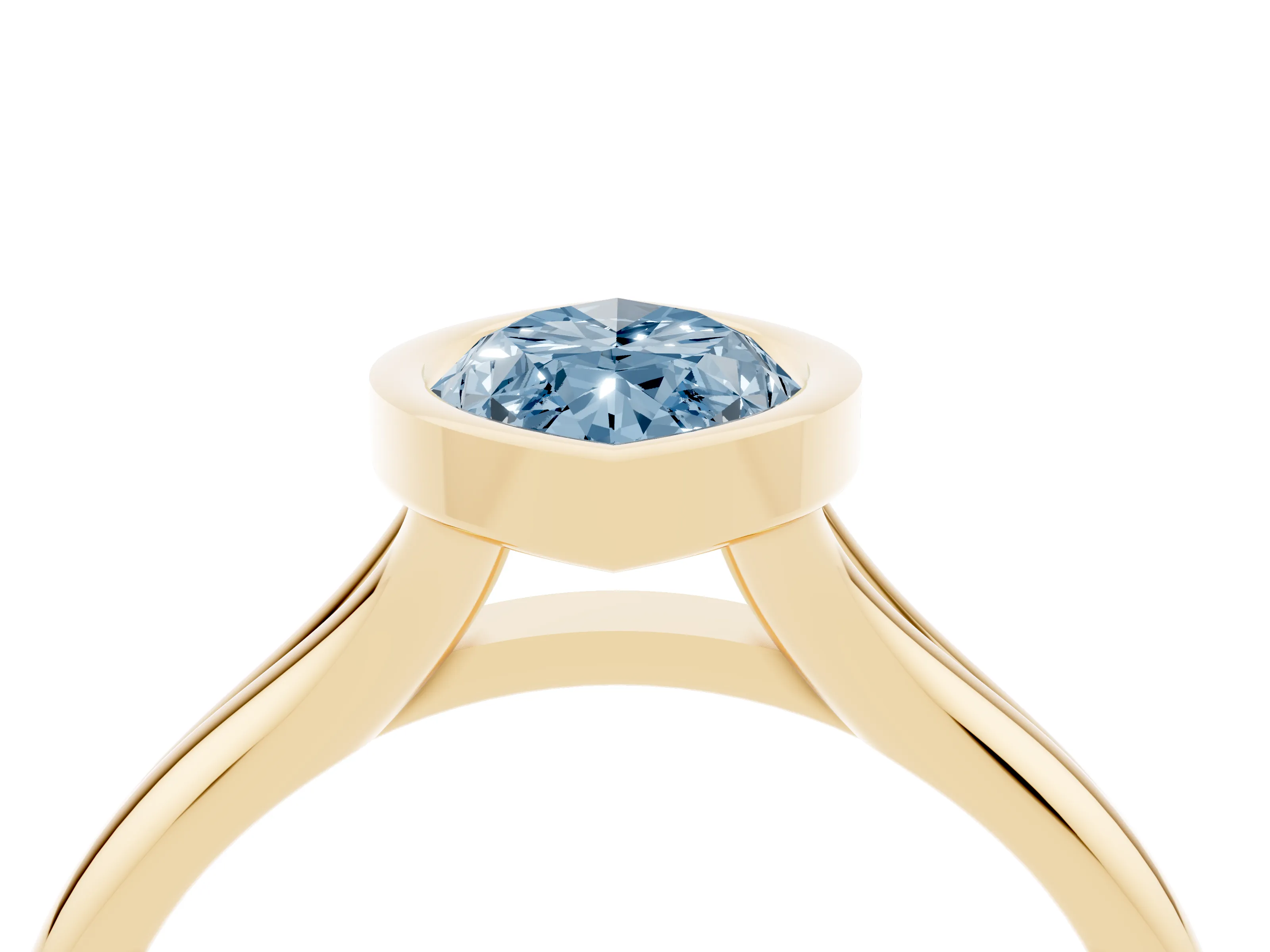 Fancy Blue Bezel Set Marquise Cut Diamond Solitaire Ring Set in Yellow gold with Smooth Band
