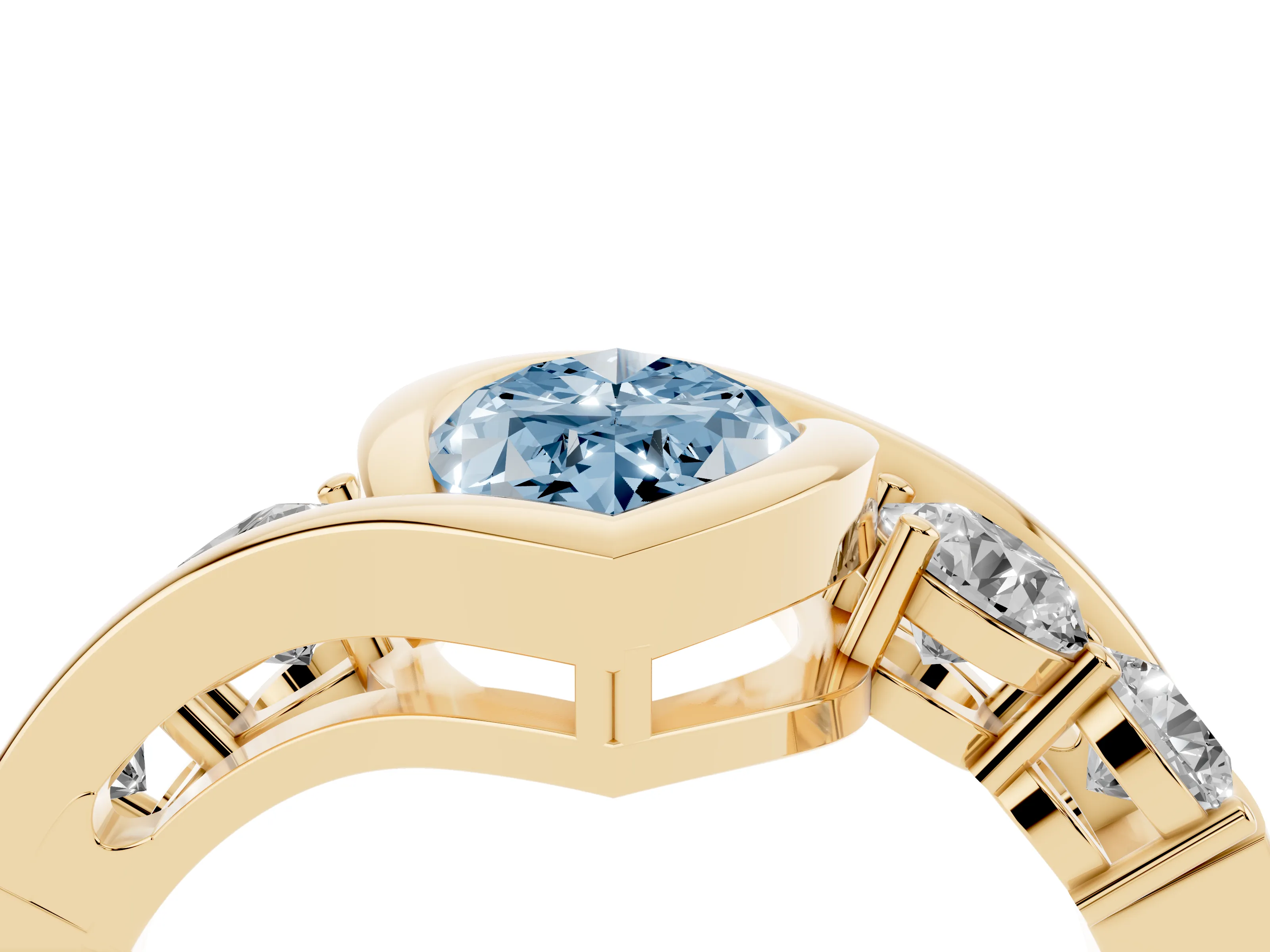 Fancy Blue Marquise Cut Diamond Bezel Bypass Ring Set in Yellow gold with Round Accents