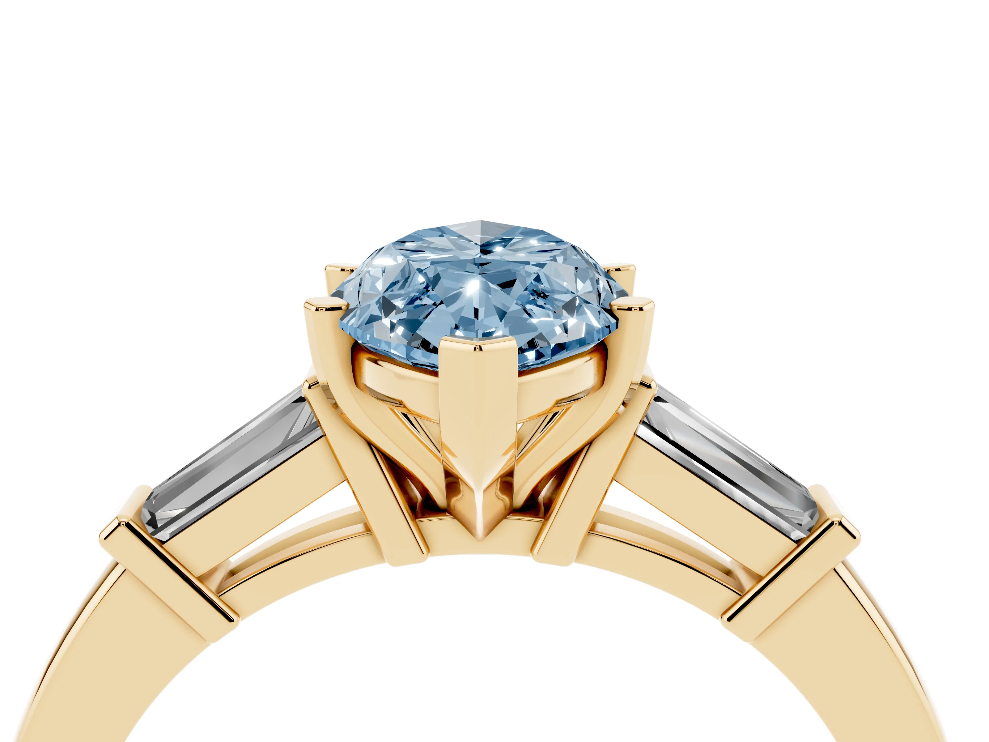 Fancy Blue Marquise Cut Diamond Solitaire Ring Set in Yellow gold with Tapered Baguette Accents and Prong Setting