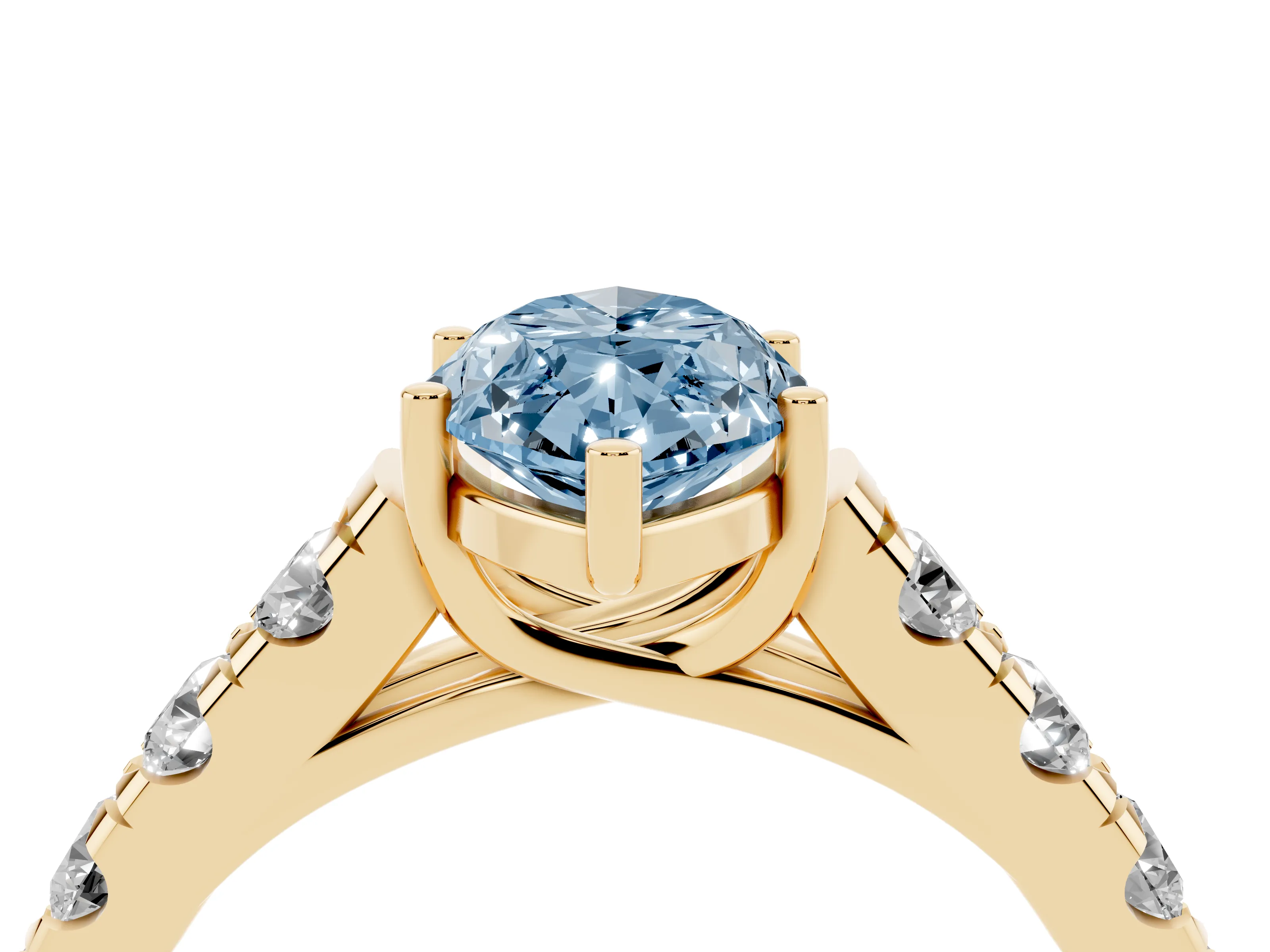 Fancy Blue Marquise Cut Diamond Solitaire Ring Set in Yellow gold with Cut-Down Micro Pavé Band and Prong Setting