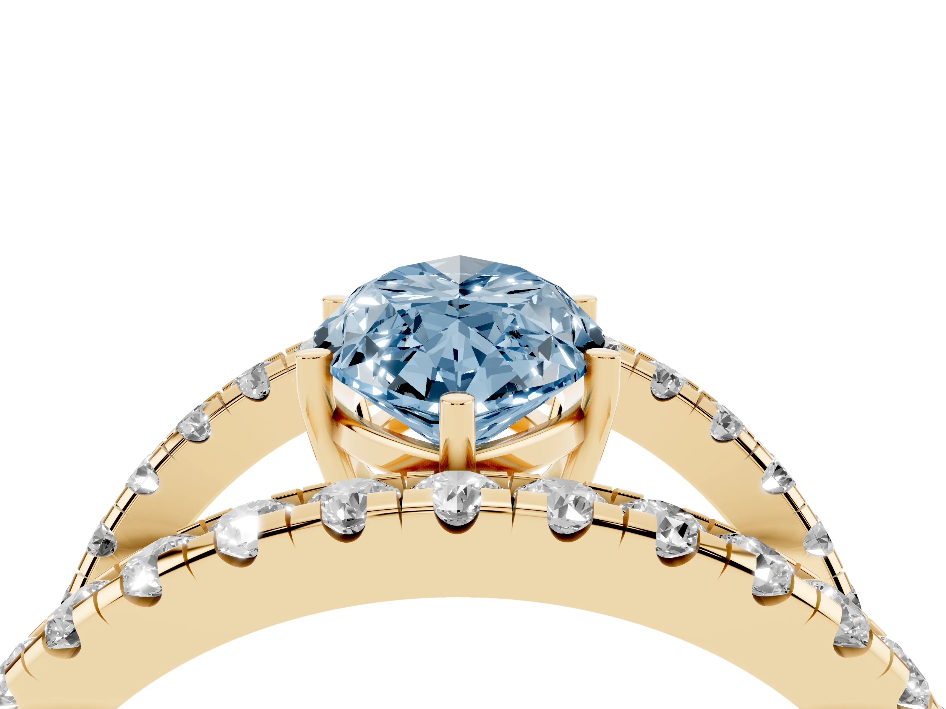 Fancy Blue Marquise Cut Diamond Split Shank Pavé Solitaire Ring Set in Yellow gold with Open Shank Design