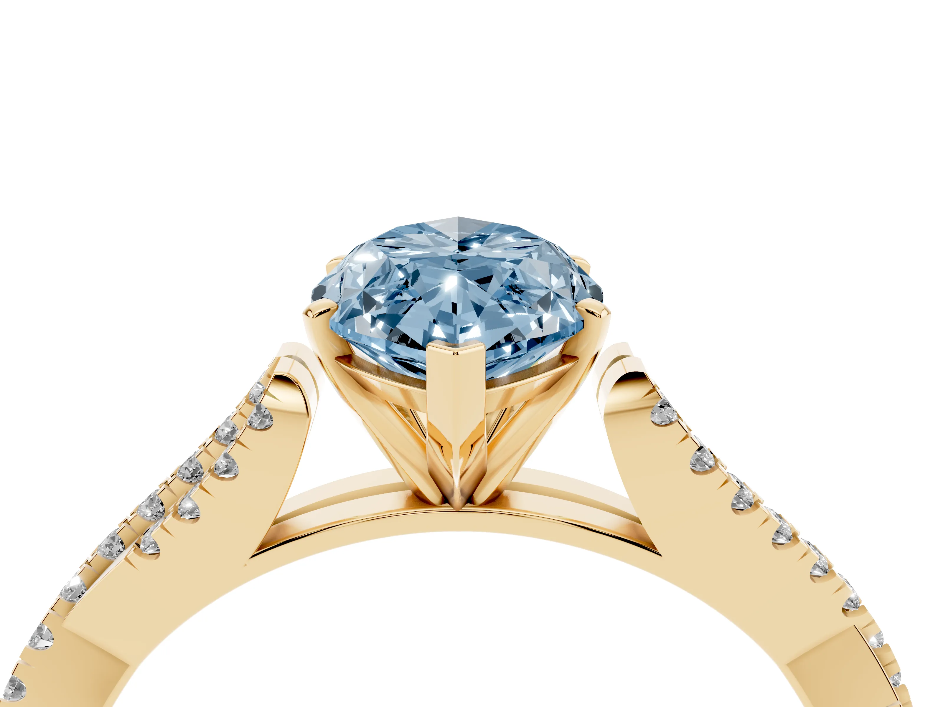 Fancy Blue Marquise Cut Diamond Solitaire Engagement Ring Set in Yellow gold with Twisted Pavé Band and Prong Setting