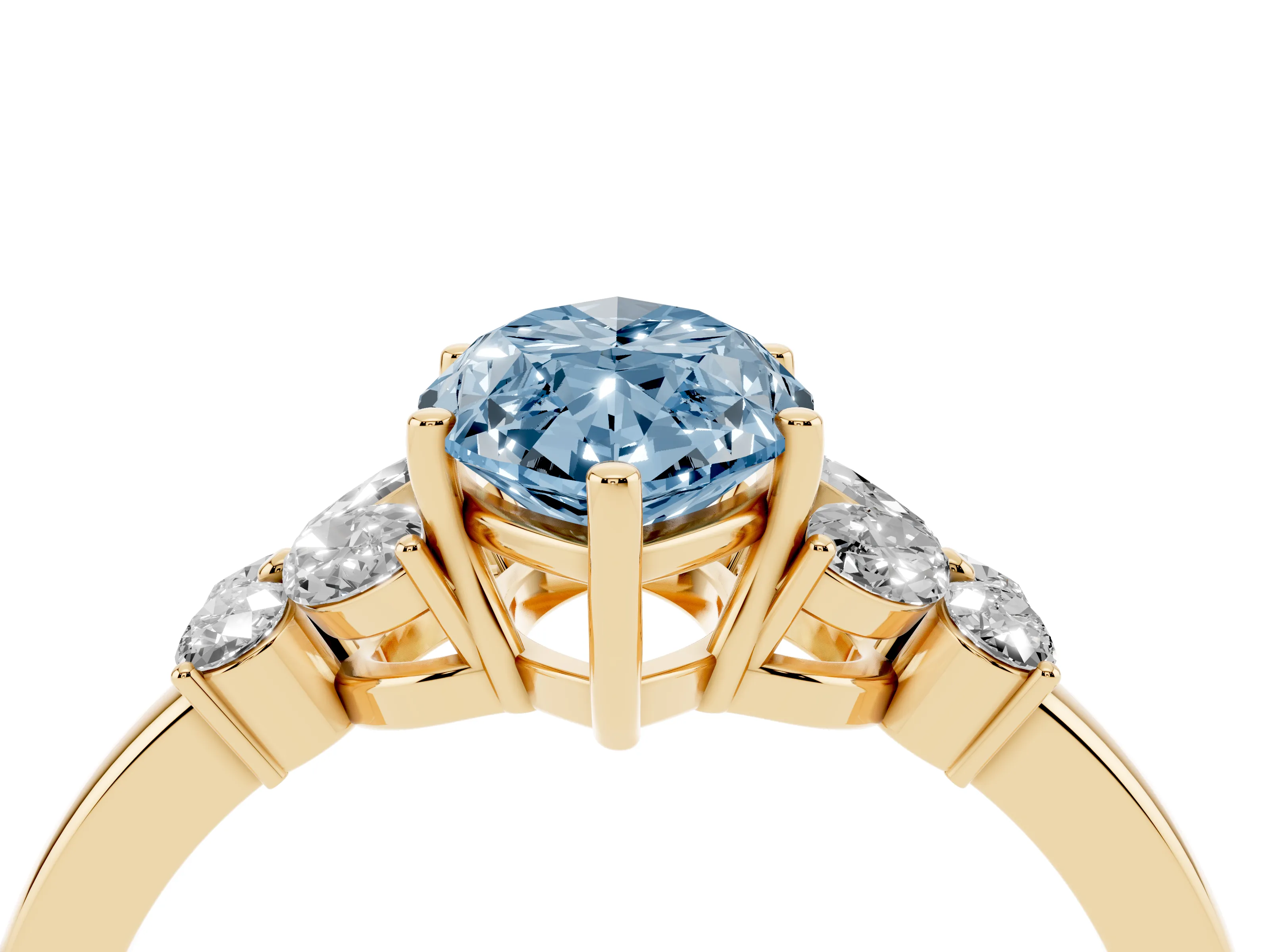 Fancy Blue Marquise Cut Diamond Solitaire Floral Ring Set in Yellow gold with Marquise Petals and Prong Setting