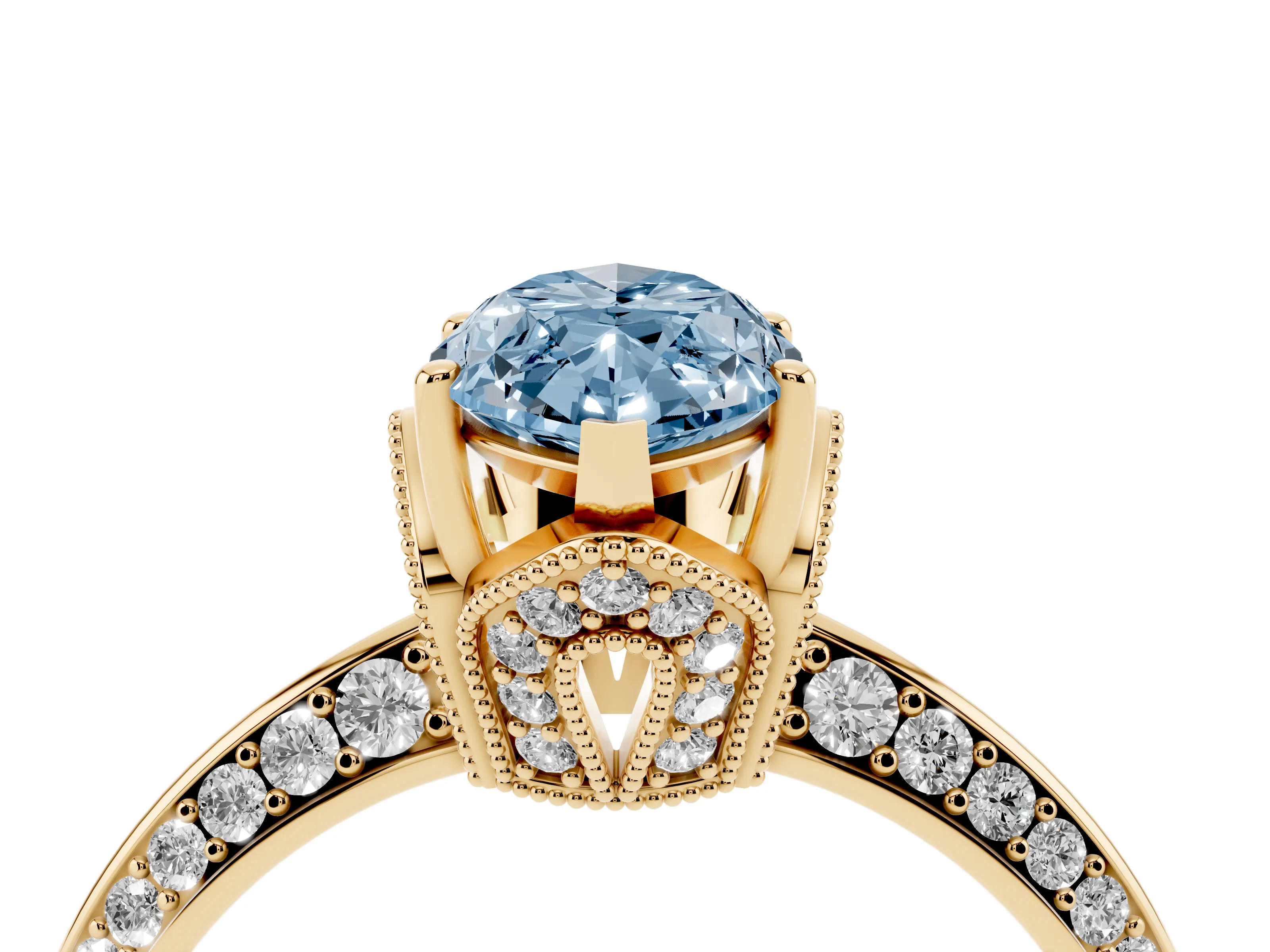 Fancy Blue Marquise Cut Diamond Solitaire Engagement Ring Set in Yellow gold with Pavé Split Shank and Prong Setting