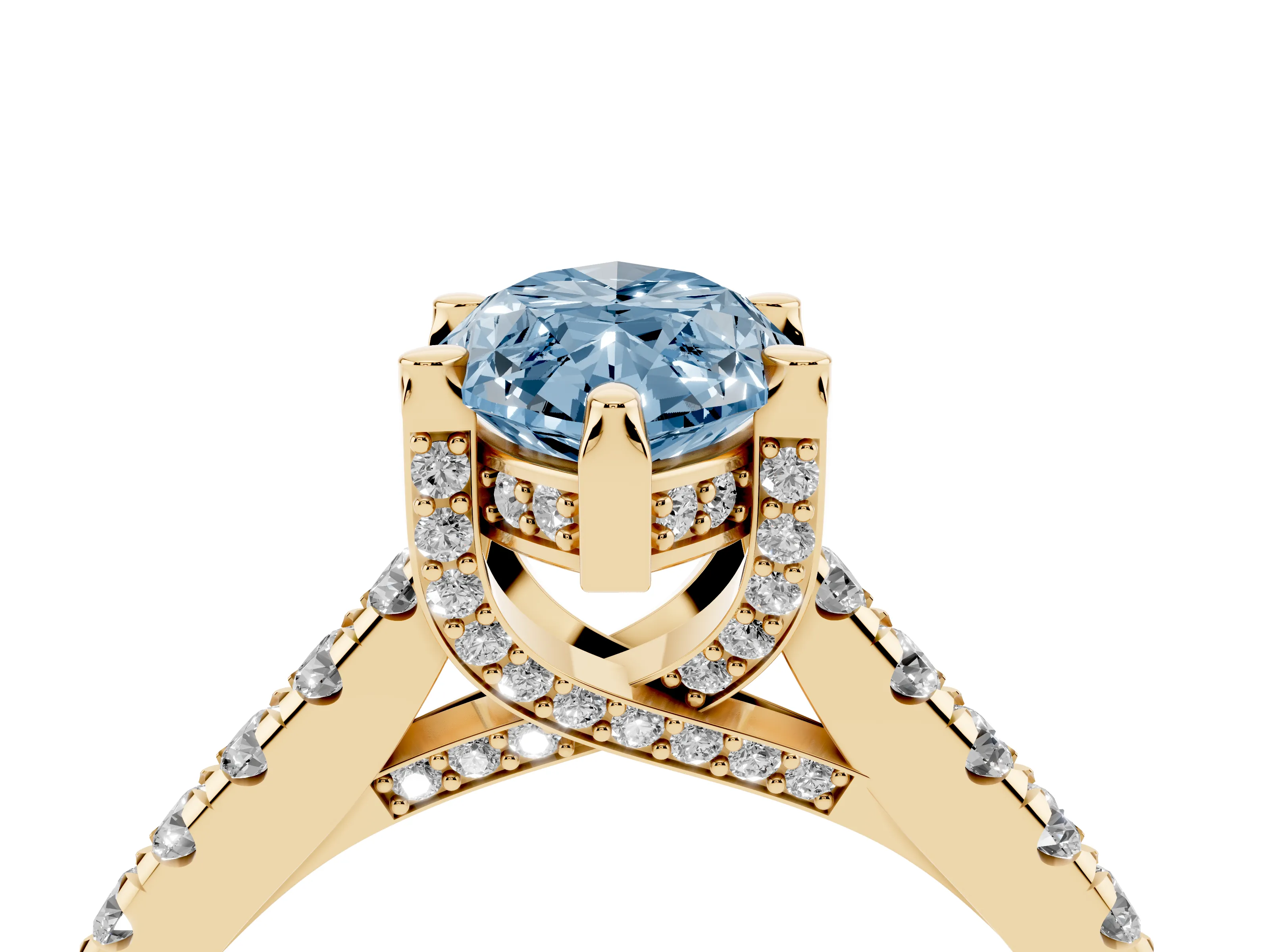 Fancy Blue Marquise Cut Diamond Solitaire Ring Set in Yellow gold with Brilliant Pavé Band and Prong Setting