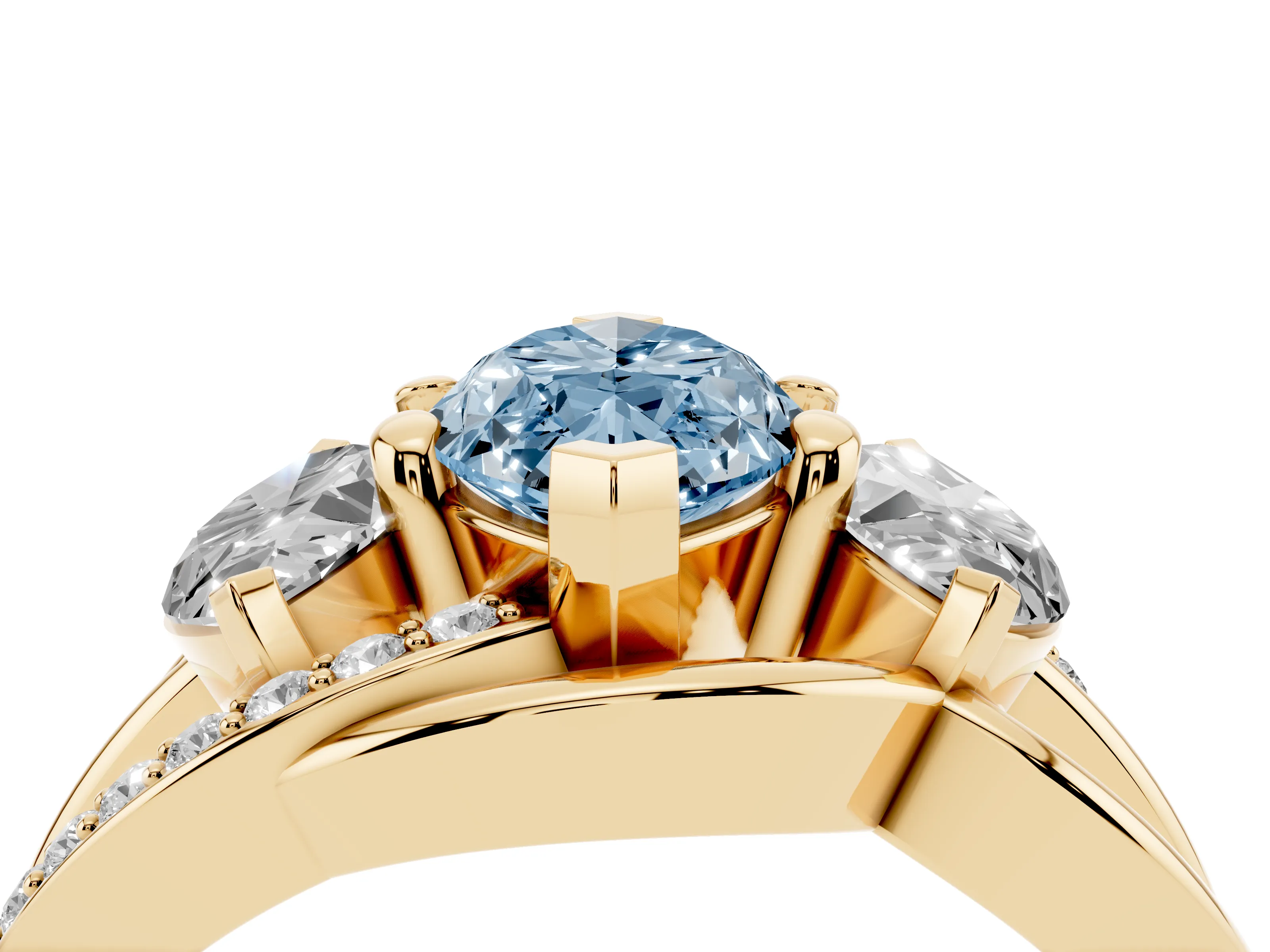 Fancy Blue Marquise Cut Diamond Three-Stone Ring Set in Yellow gold with Split Shank and Prong Setting