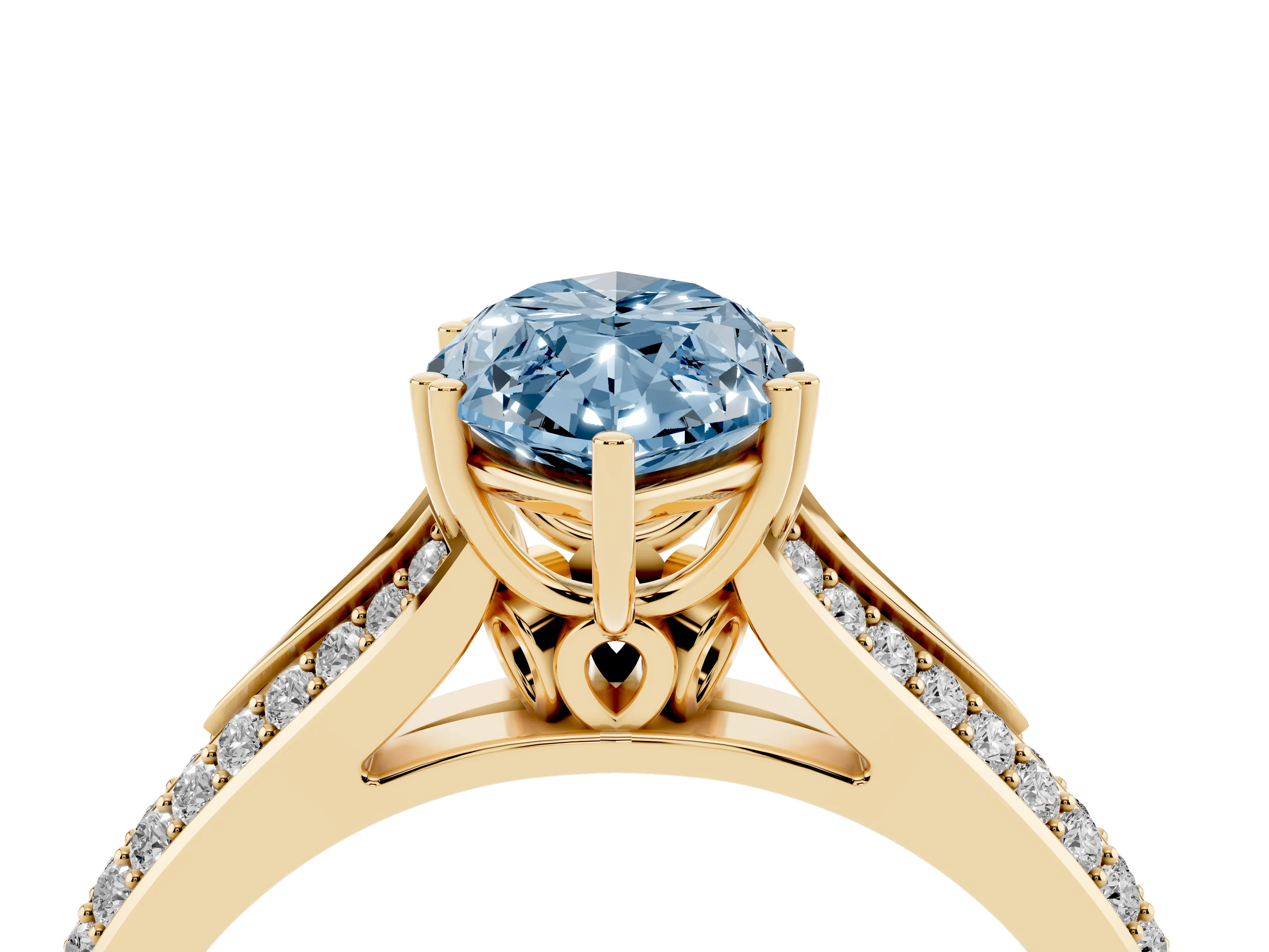 Fancy Blue Marquise Cut Diamond Split Shank Pavé Engagement Ring Set in Yellow gold with Prong-Set Center Stone