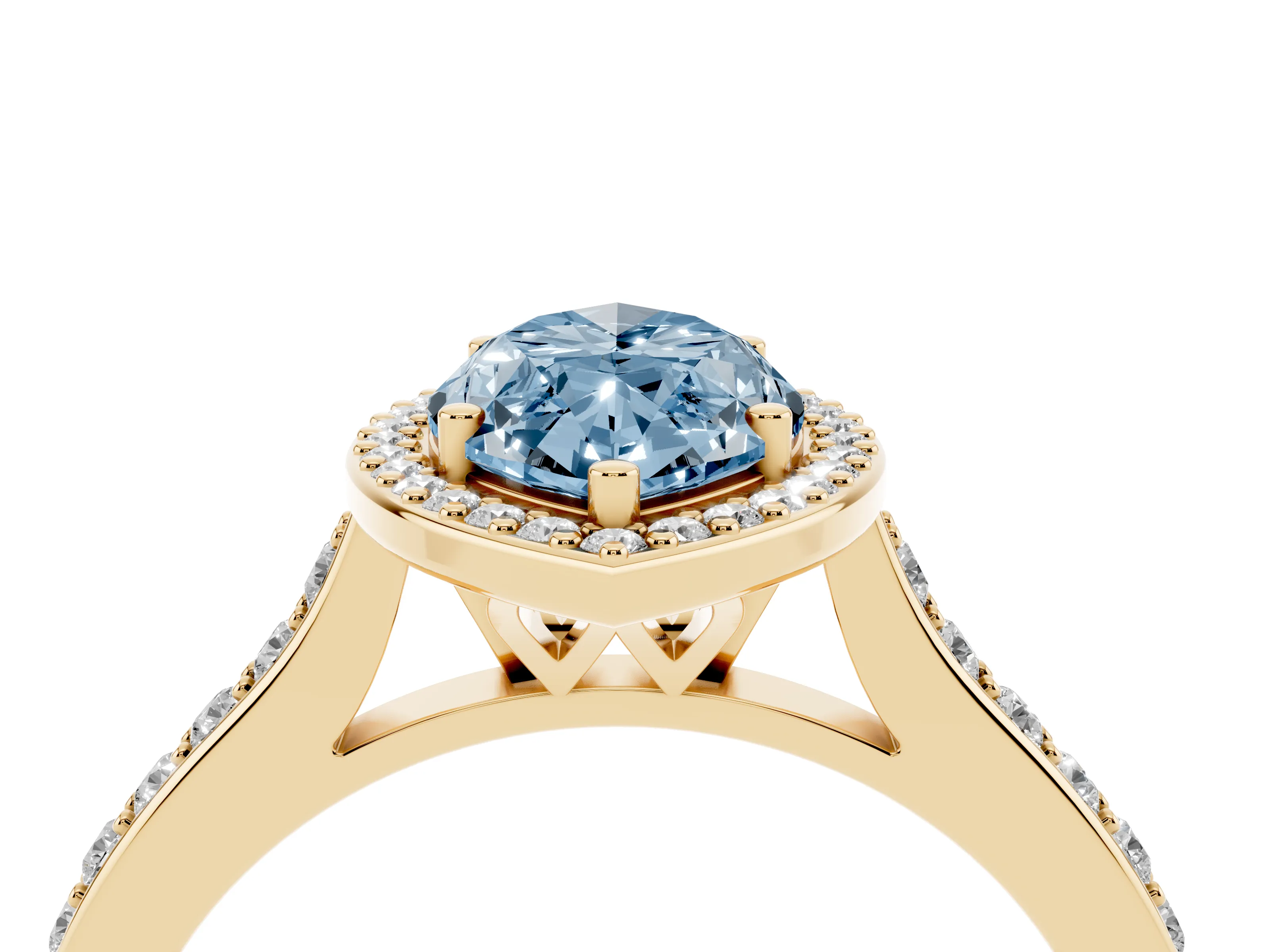 Fancy Blue Marquise Cut Diamond Halo Engagement Ring Set in Yellow gold with Round Pavé Shoulders and Heart Gallery