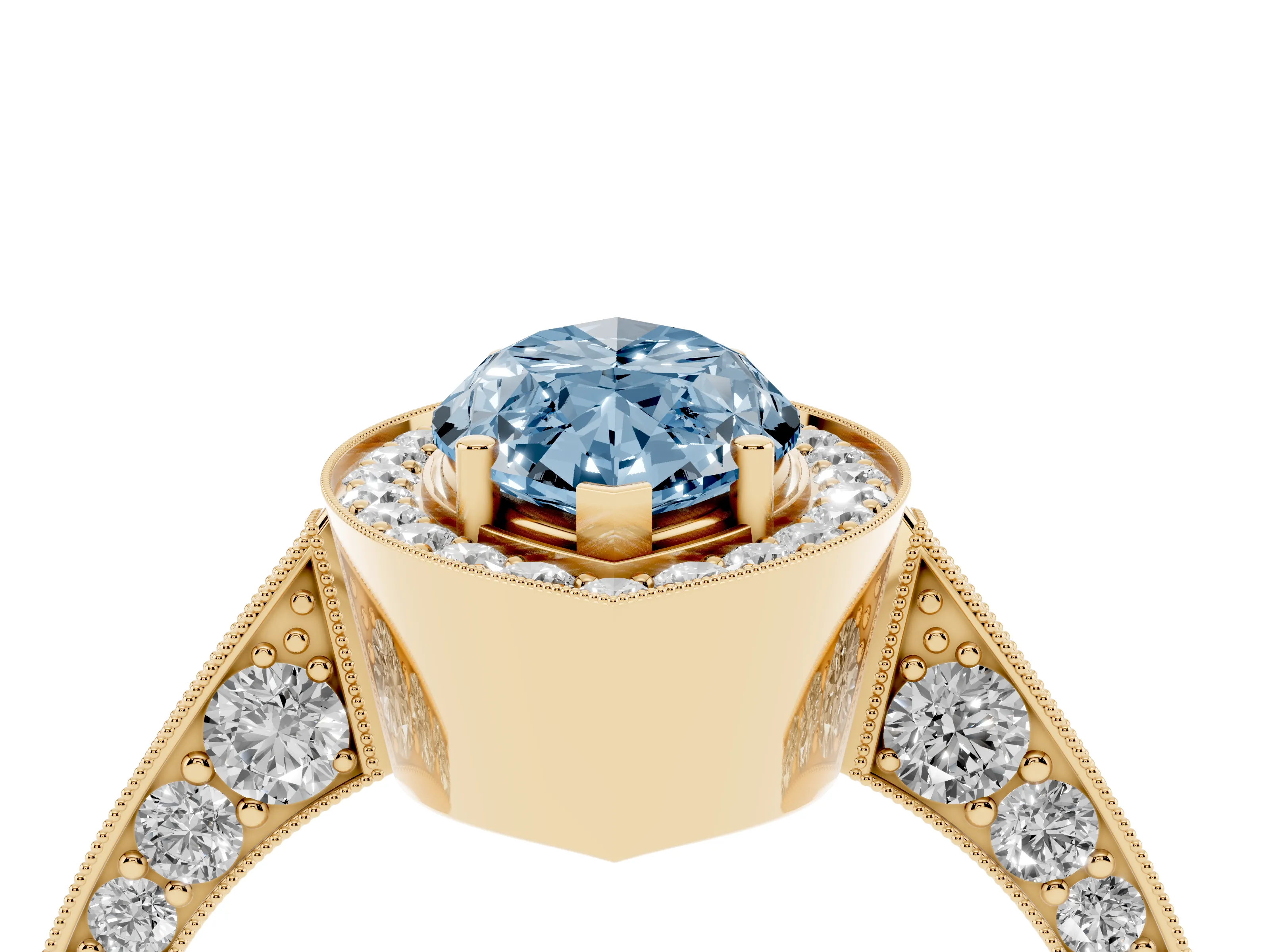 Fancy Blue Marquise Cut Diamond Halo Engagement Ring Set in Yellow gold with Accent Split Shank Band