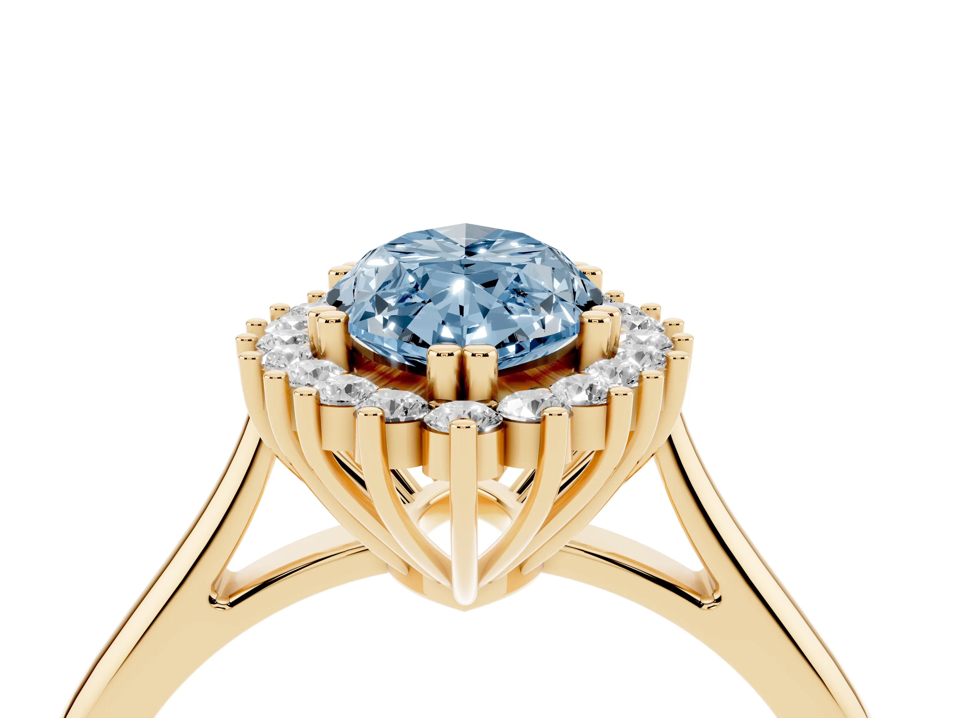Fancy Blue Marquise Cut Diamond Halo Ring Set in Yellow gold with Plain Solitaire Band and Prong Setting