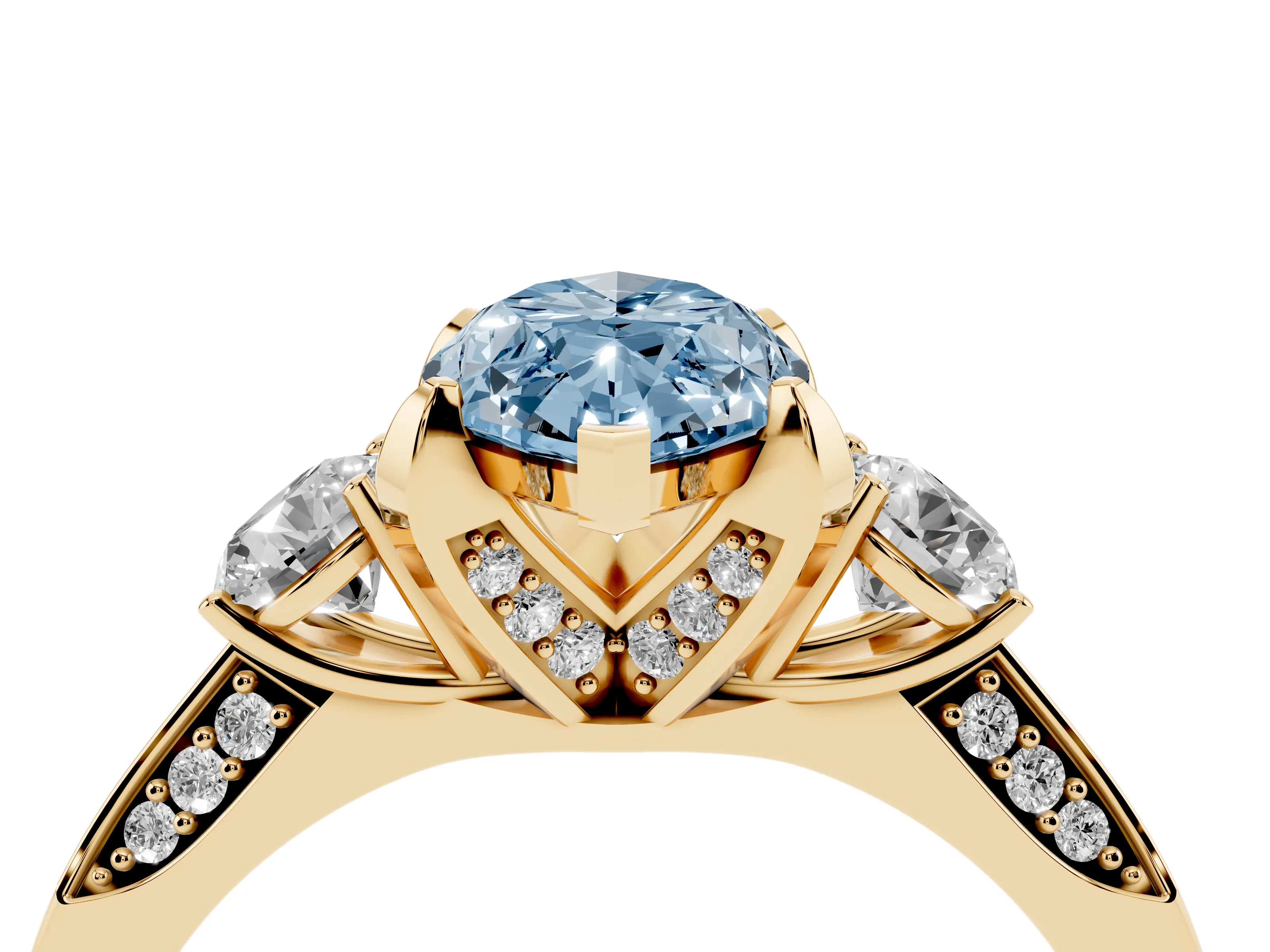 Fancy Blue Marquise Cut Diamond Three-Stone Ring Set in Yellow gold with Pavé Band and Smaller Side Stones