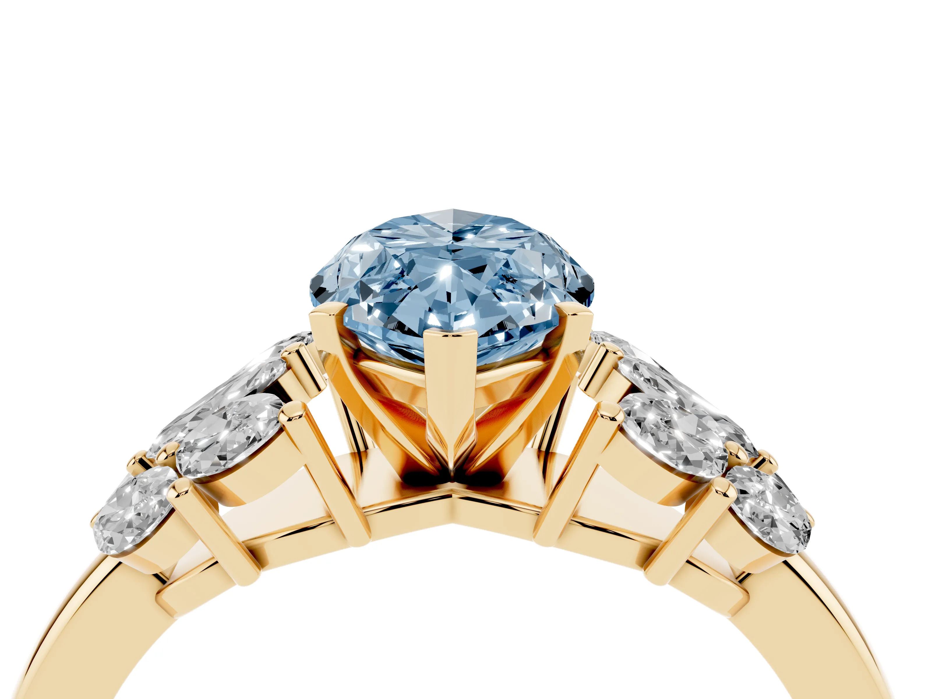 Fancy Blue Marquise Cut Diamond Cluster Leaf Design Ring Set in Yellow gold with Prong Setting
