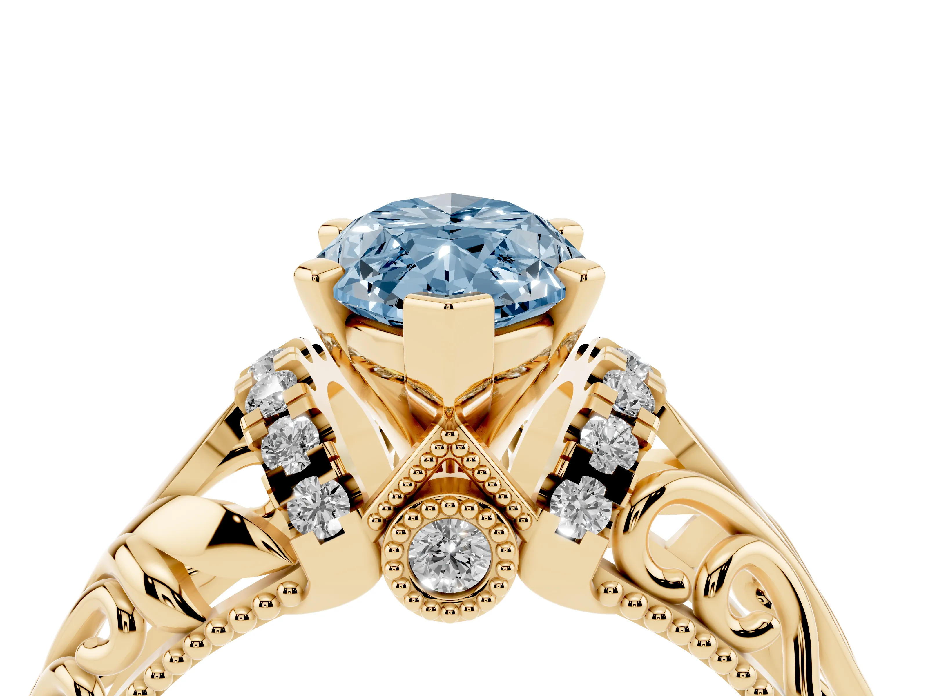 Fancy Blue Marquise Cut Diamond Filigree Halo Engagement Ring Set in Yellow gold with Prong Setting