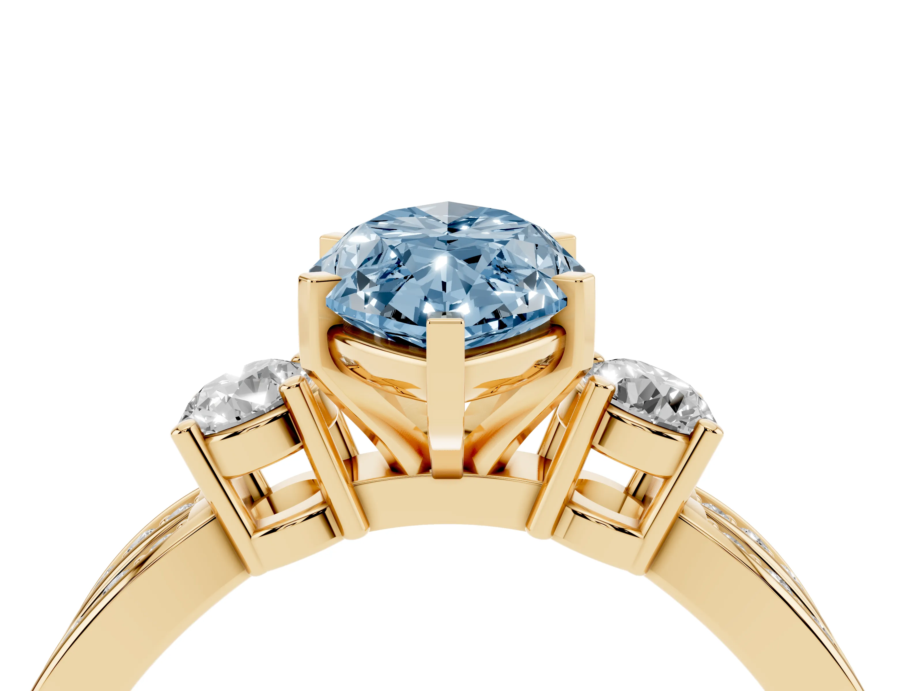Fancy Blue Three-Stone Marquise Cut Diamond Twist Band Ring Set in Yellow gold with Pavé Accents and Prong Setting
