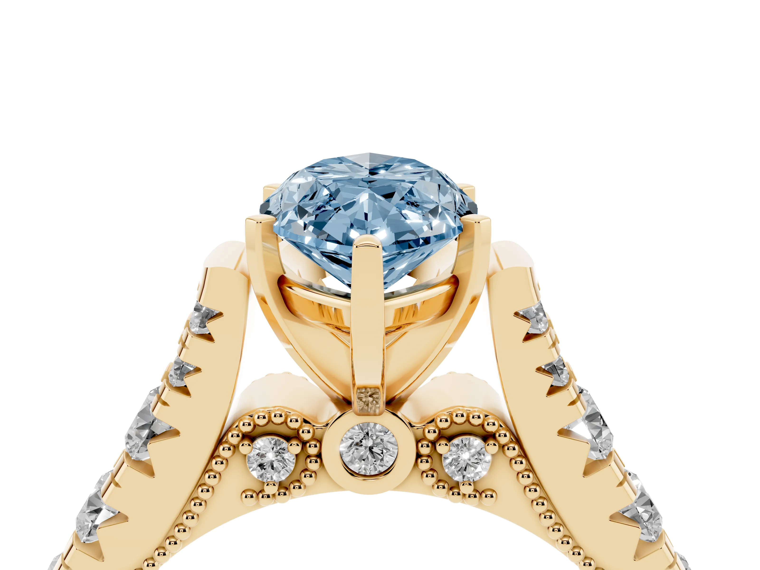 Fancy Blue Marquise Cut Diamond Classic Solitaire Ring Set in Yellow gold with Pavé Band and Prong Setting