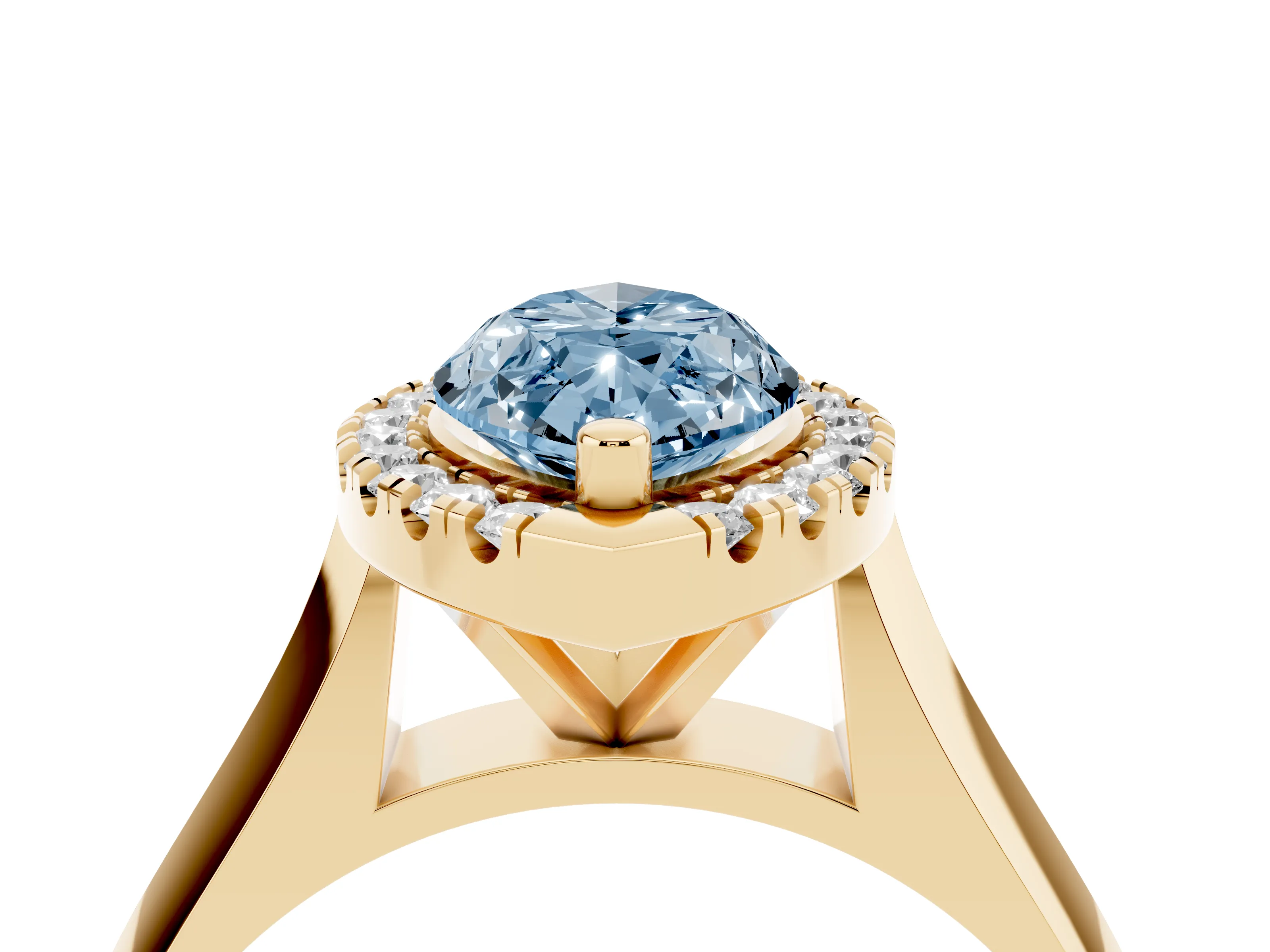 Fancy Blue Marquise Cut Diamond Halo Solitaire Engagement Ring Set in Yellow gold with Square Band and Prong Setting