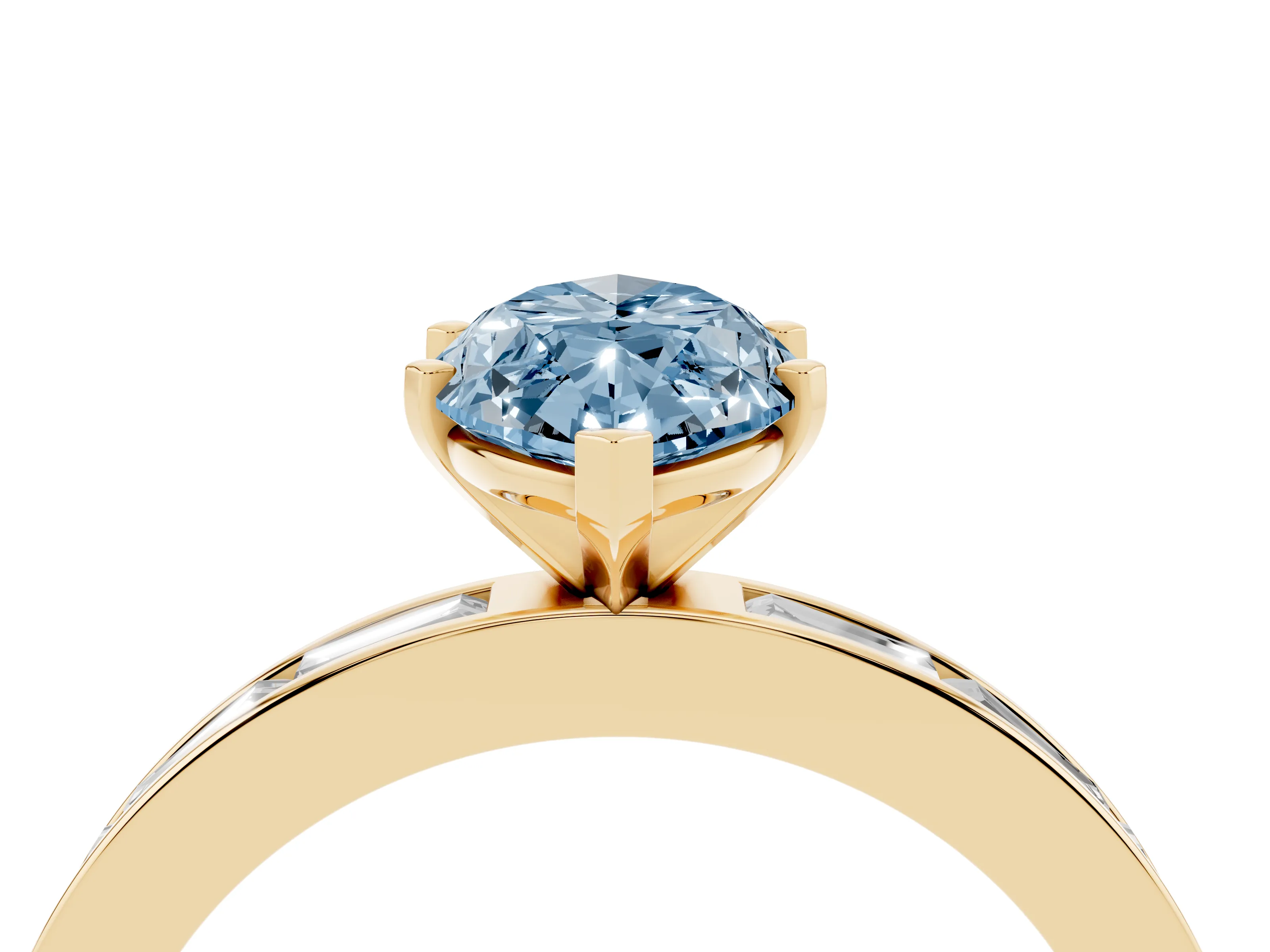 Fancy Blue Marquise Cut Diamond Solitaire Ring Set in Yellow gold with Channel-Set Baguette Band and Prong Setting