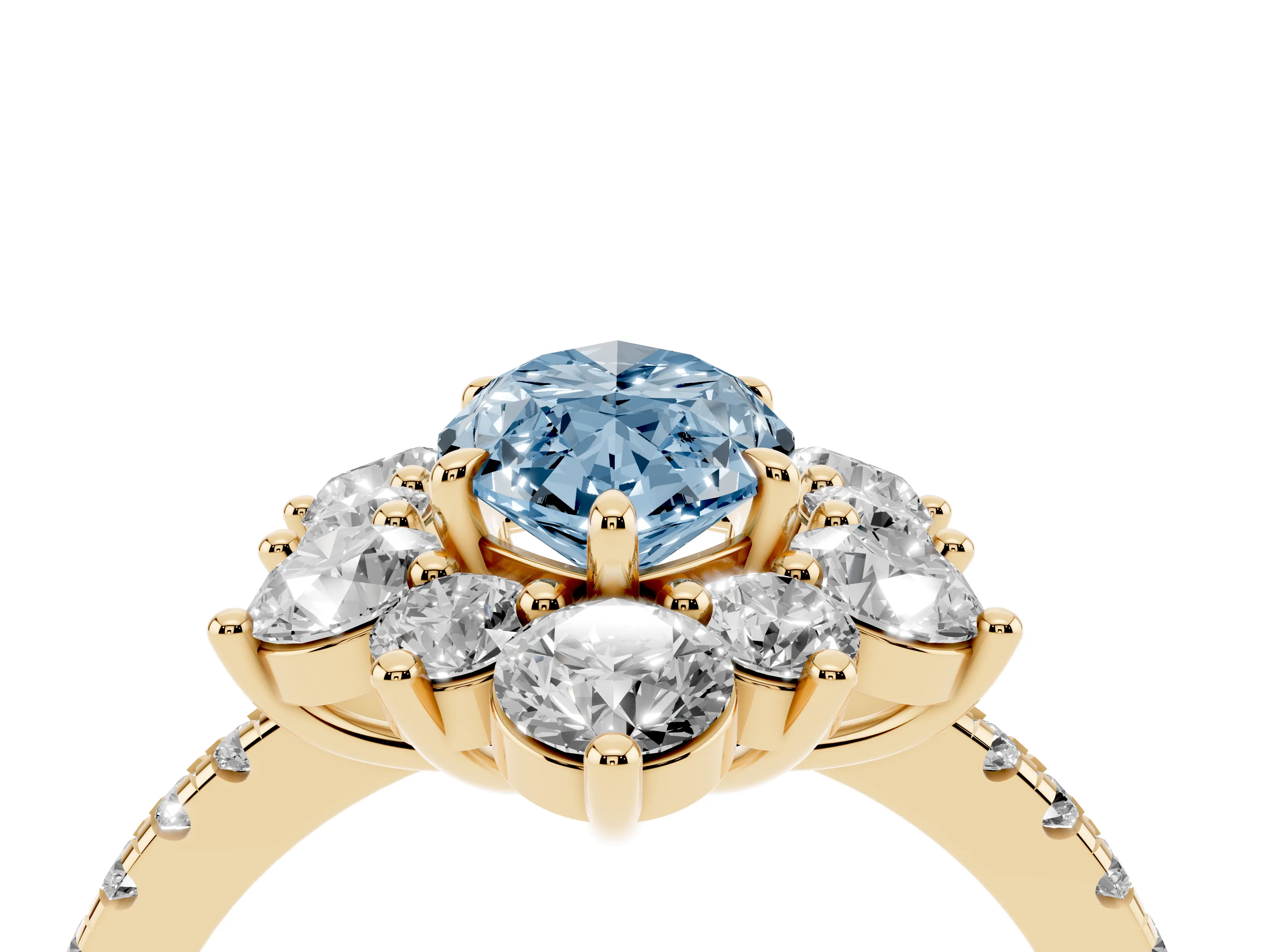 Fancy Blue Marquise Cut Diamond Floral Halo Ring Set in Yellow gold with Round Pavé Band and Prong Setting