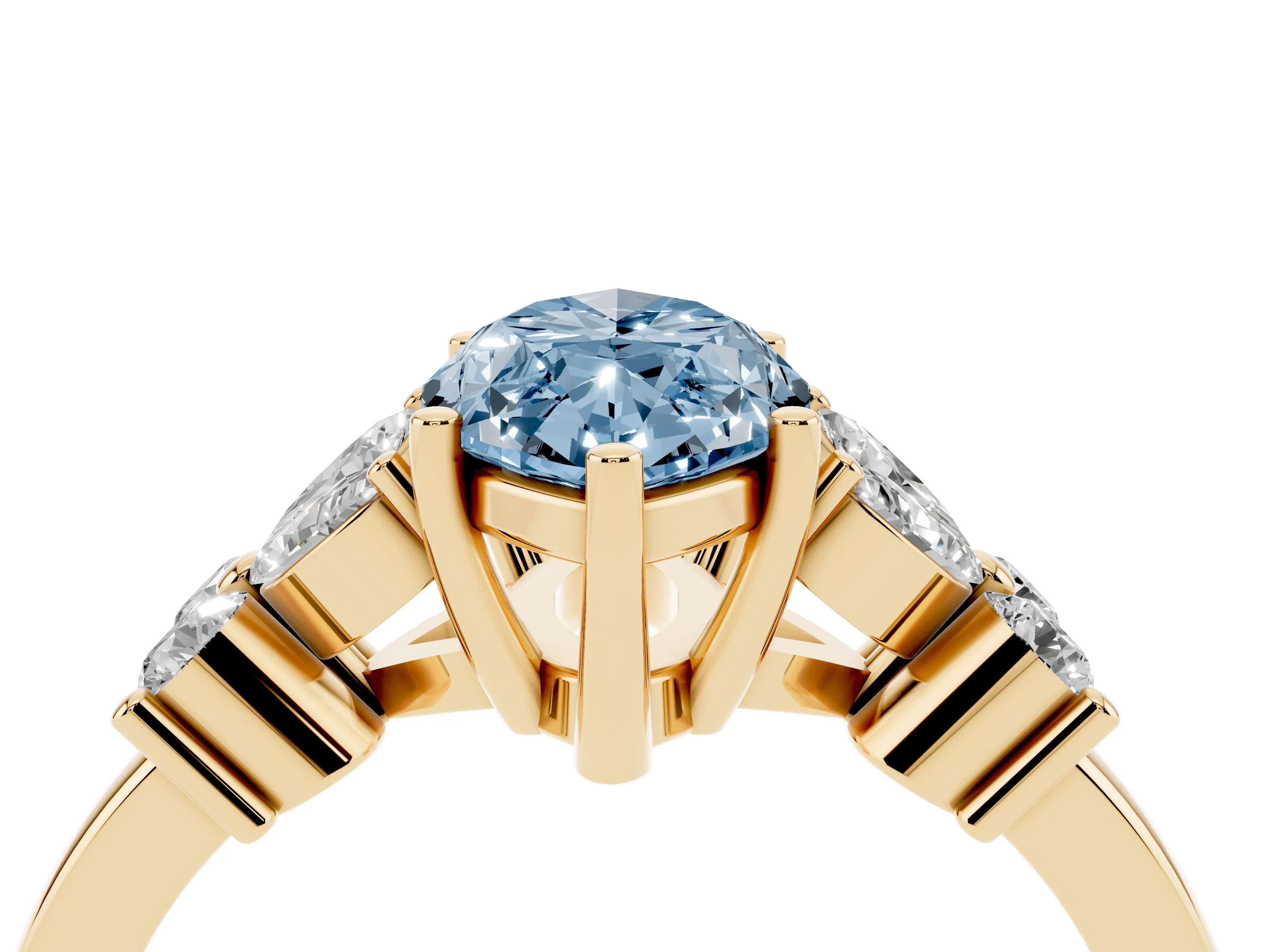 Fancy Blue Marquise Cut Diamond Floral Cluster Ring Set in Yellow gold with Marquise Petals and Prong Setting