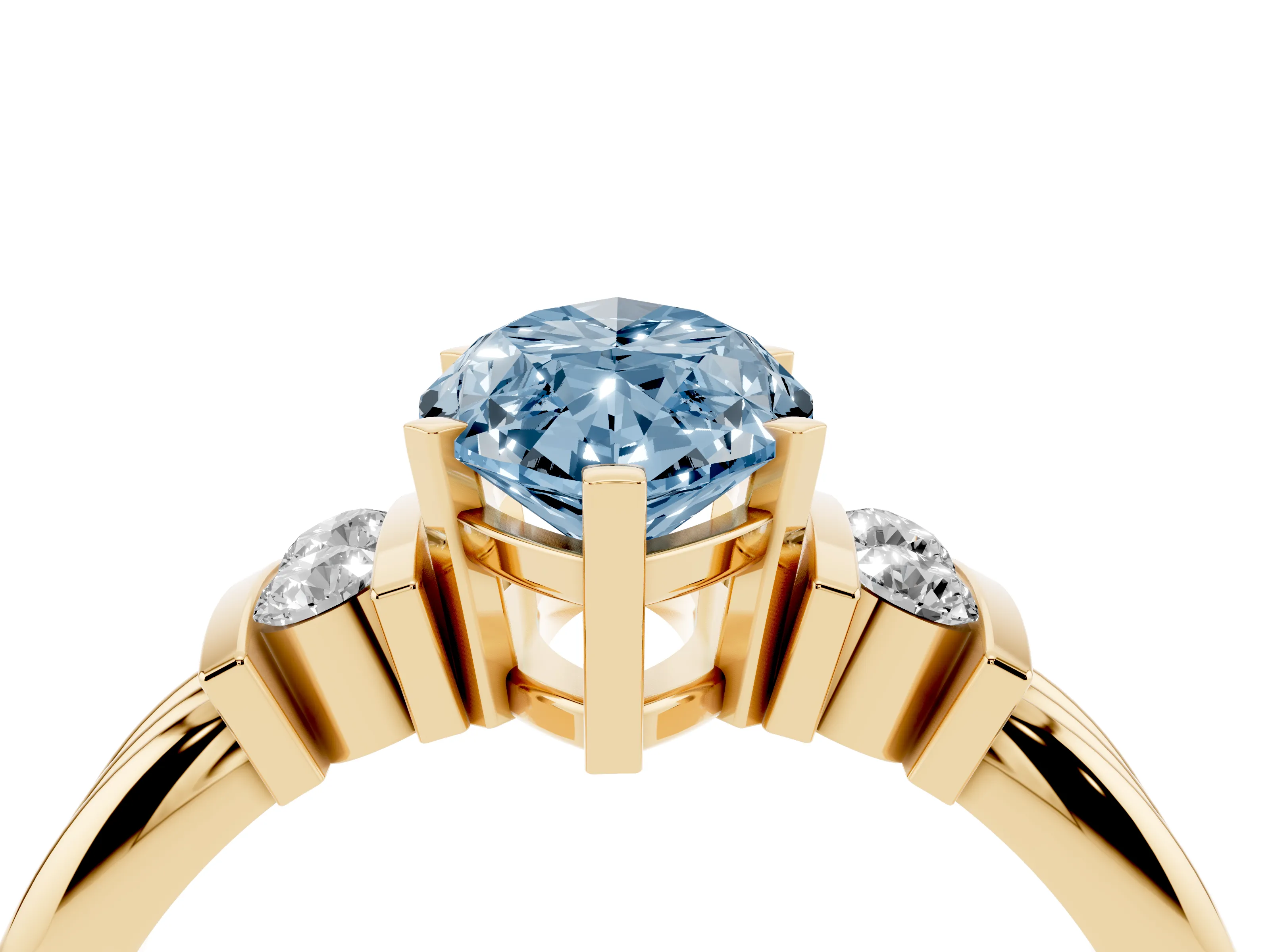 Fancy Blue Three-Stone Marquise Cut Diamond Channel Set Ring Set in Yellow gold with Bar Prongs