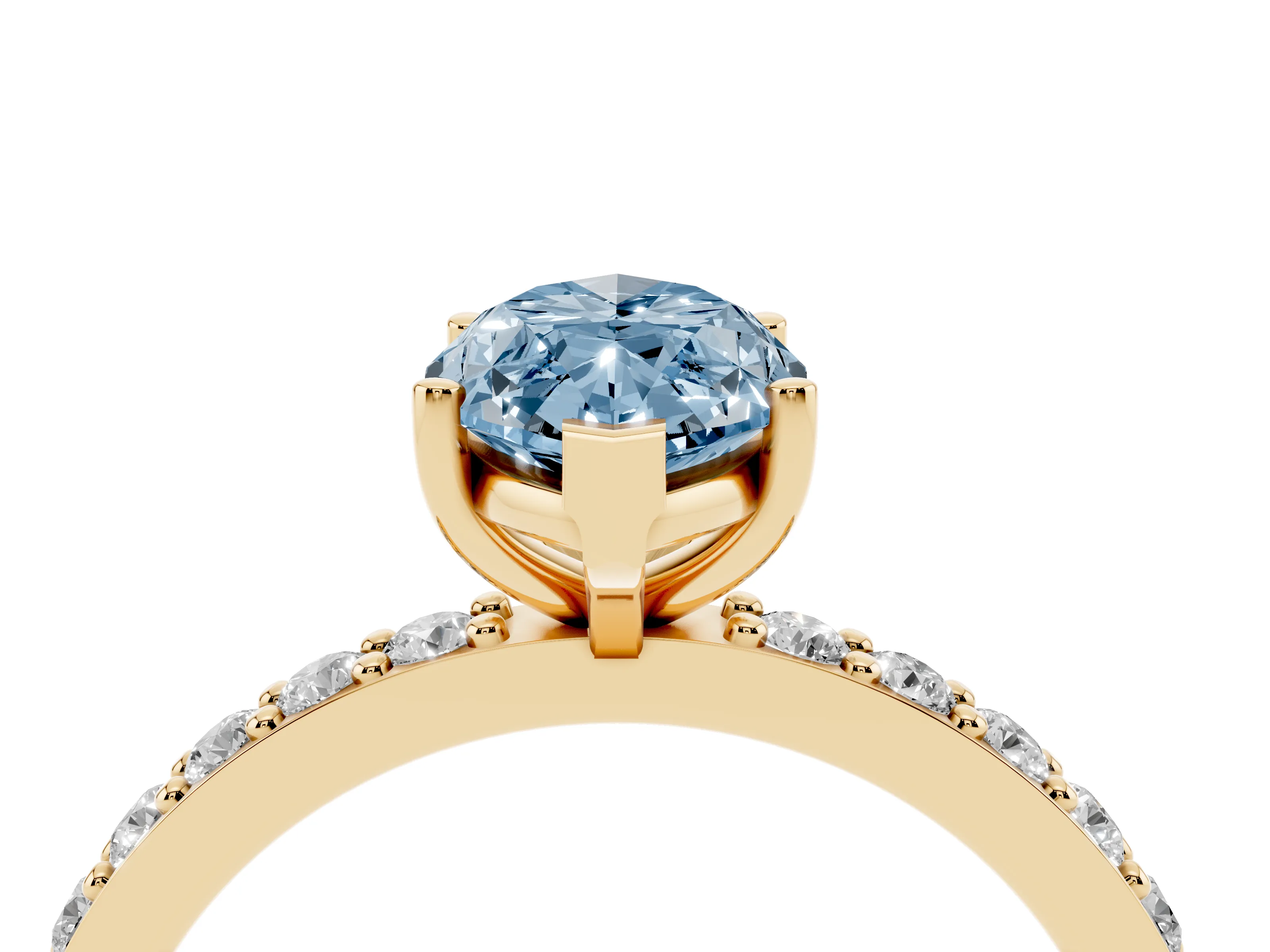 Fancy Blue Marquise Cut Diamond Solitaire Set in Yellow gold with Round Pavé Band and Prong Setting