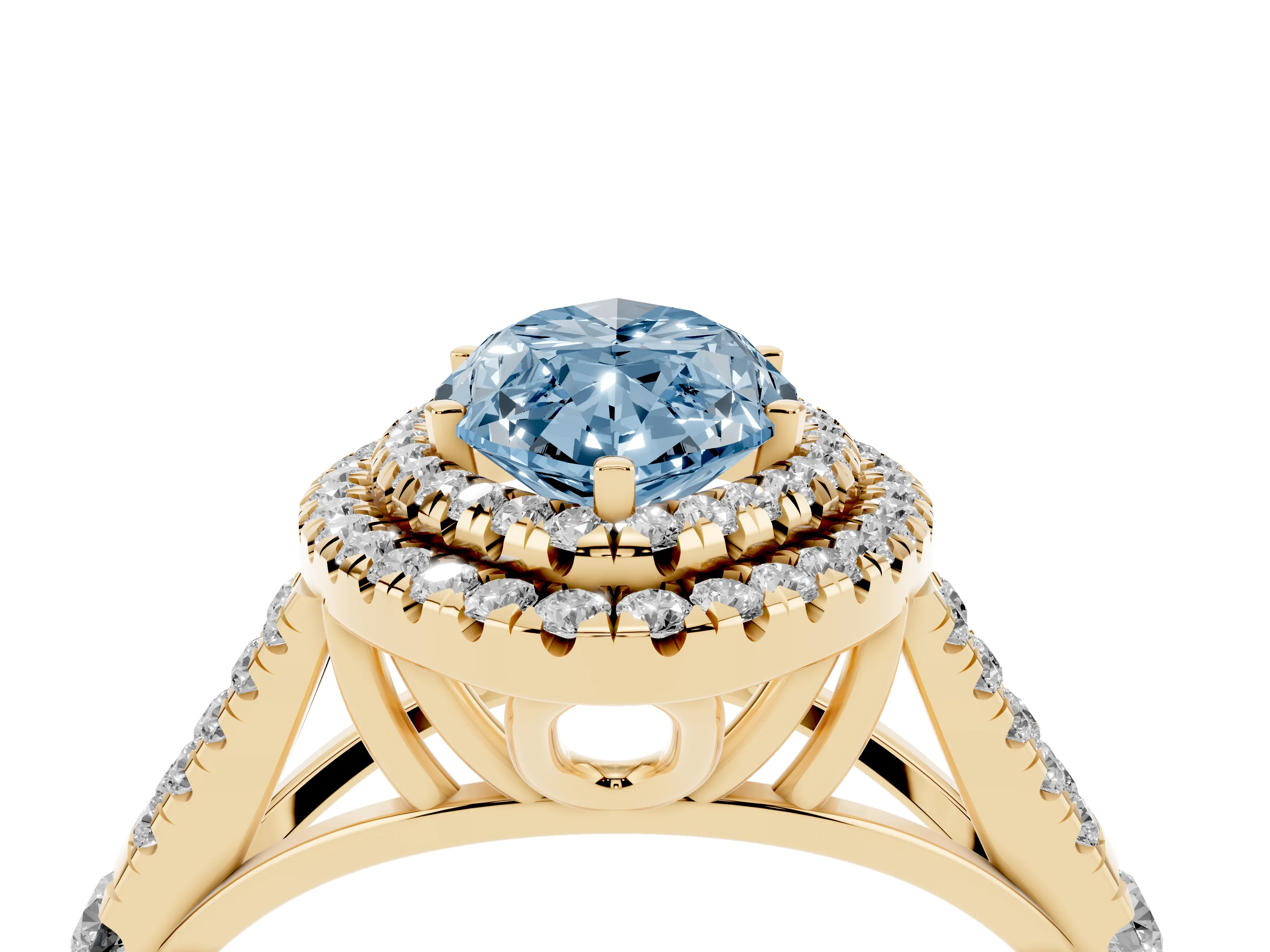 Fancy Blue Marquise Cut Diamond Pavé Split Shank Double Halo Engagement Ring Set in Yellow gold
