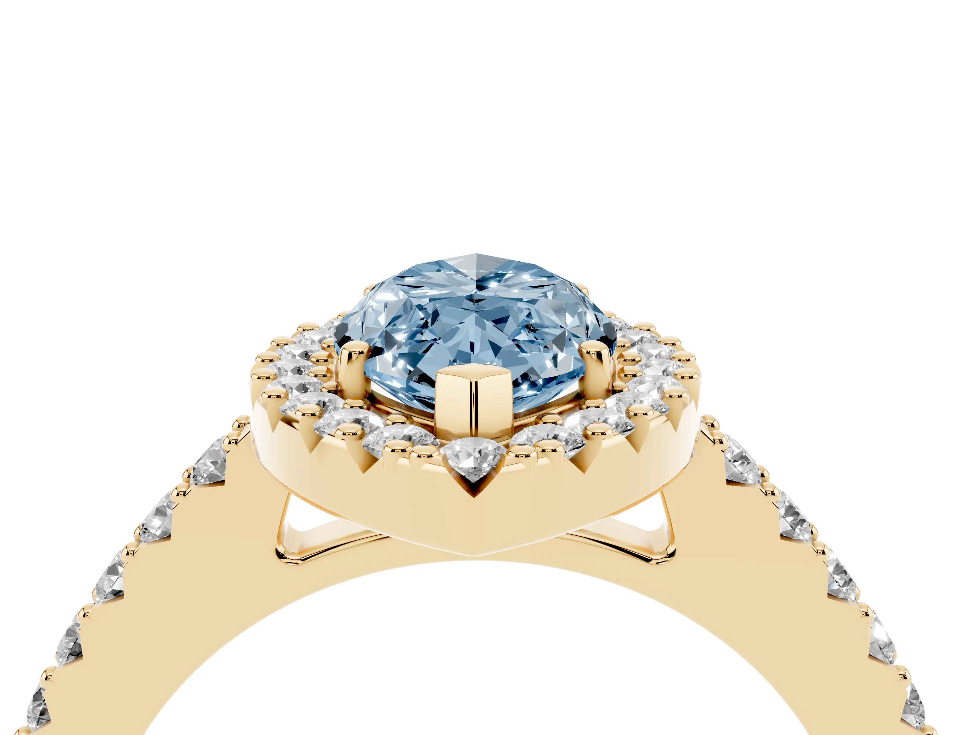 Fancy Blue Marquise Cut Diamond Halo Pavé Solitaire Ring Set in Yellow gold with Prong-Set Center Stone