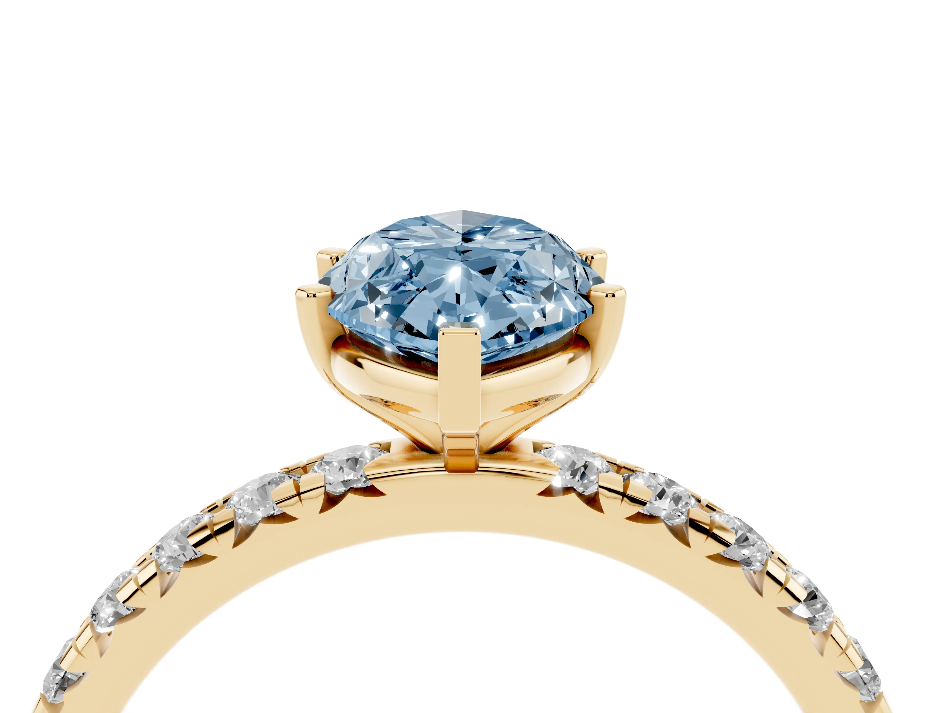 Fancy Blue Marquise Cut Diamond Pavé Solitaire Ring Set in Yellow gold with Round Band and Prong Setting