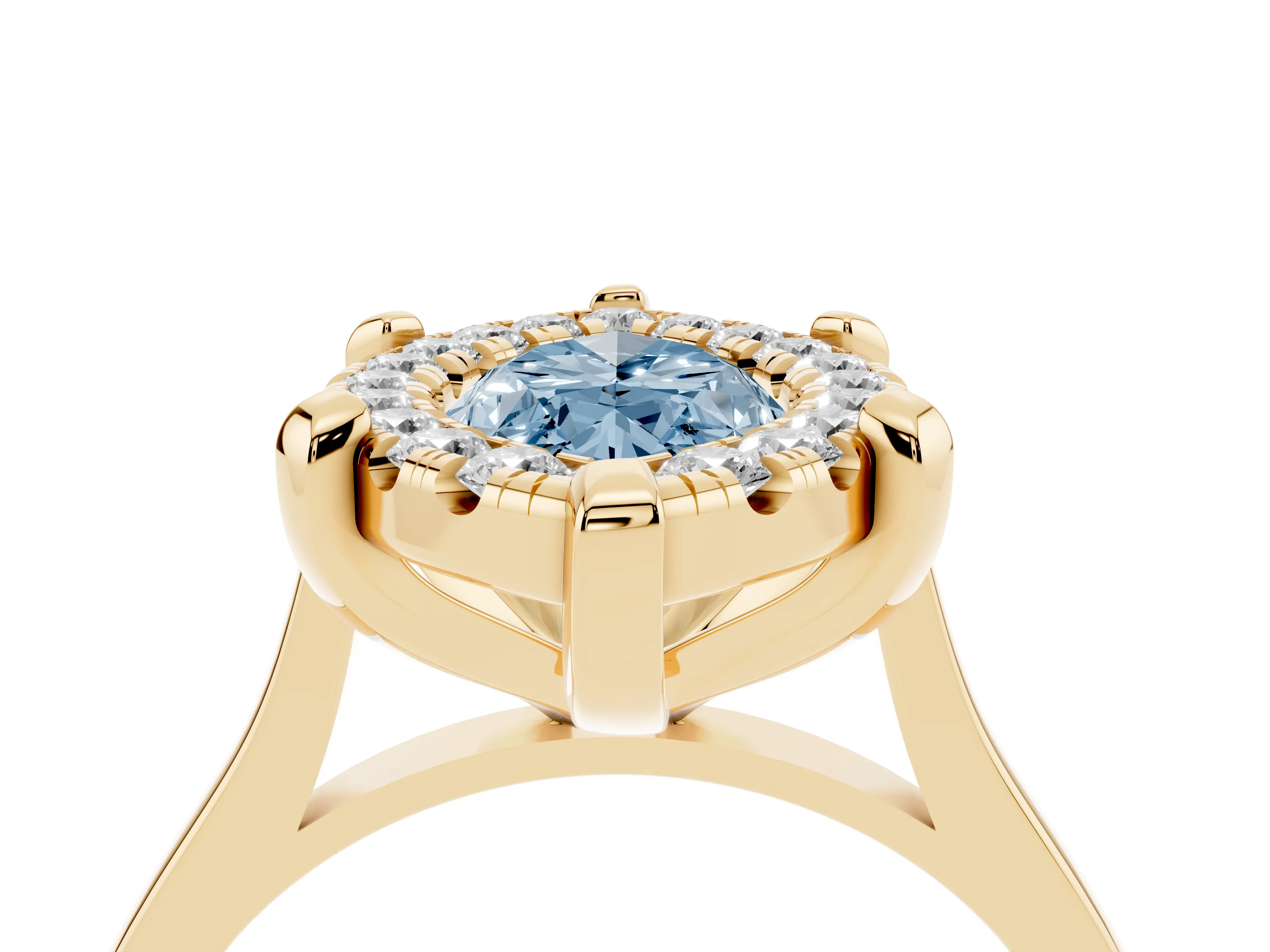 Fancy Blue Marquise Cut Diamond Cluster Halo Solitaire Ring Set in Yellow gold with Prong Setting