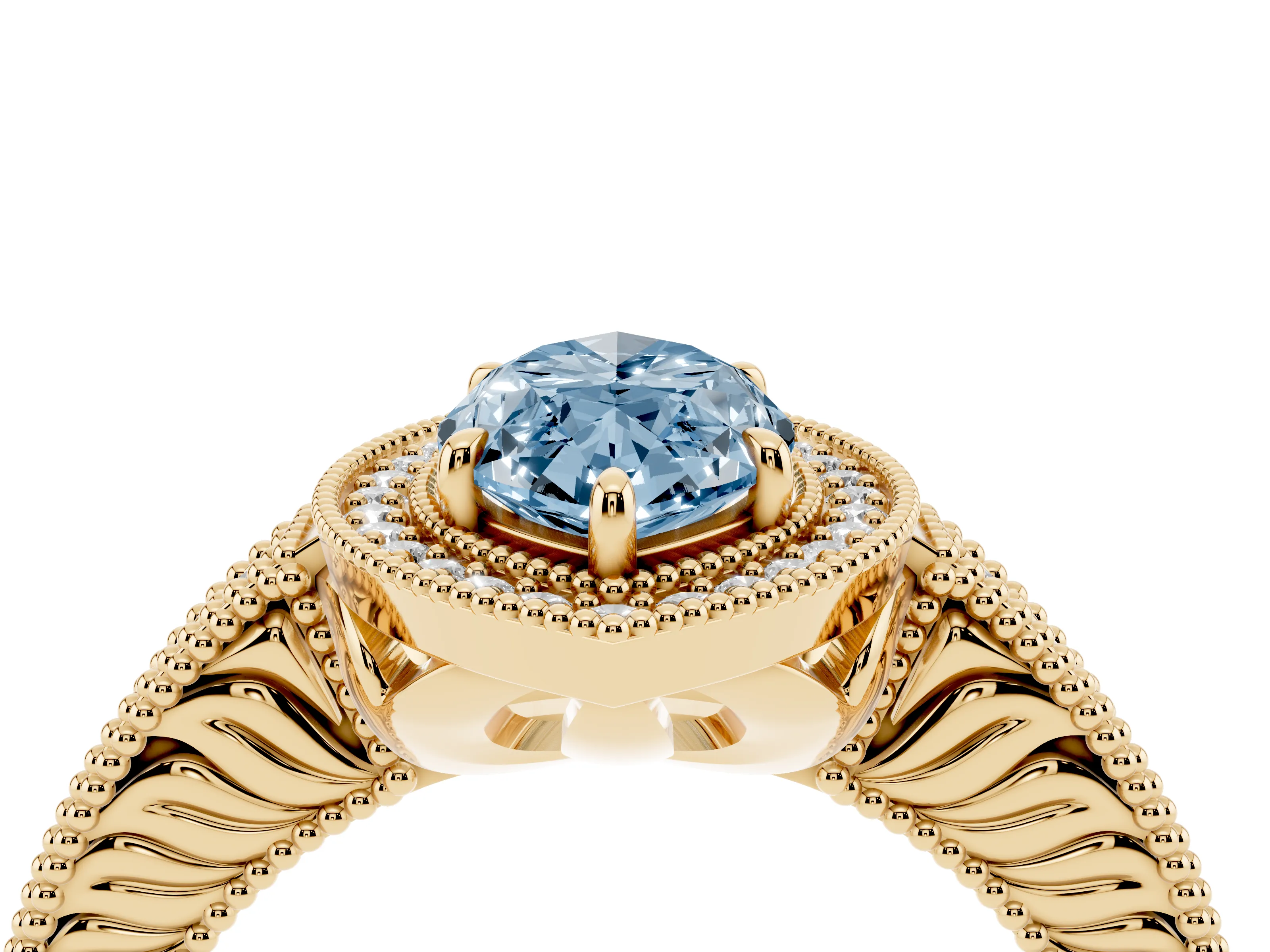 Fancy Blue Marquise Cut Diamond Halo Ring Set in Yellow gold with Round Accent Halo, Pavé Band and Prong Setting