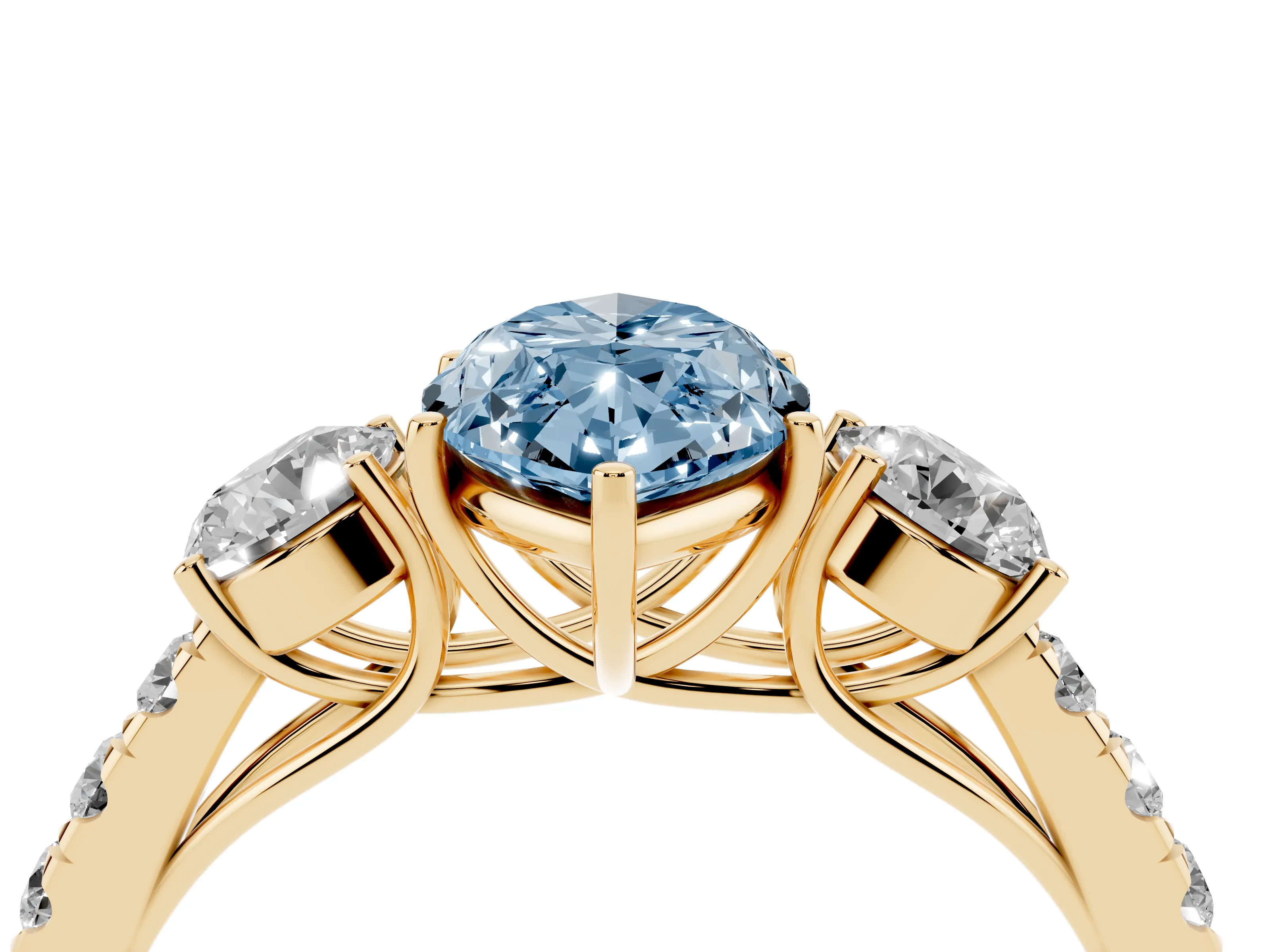 Fancy Blue Marquise Cut Diamond Three-Stone Ring Set in Yellow gold with Round Side Stones and Delicate Pavé Band