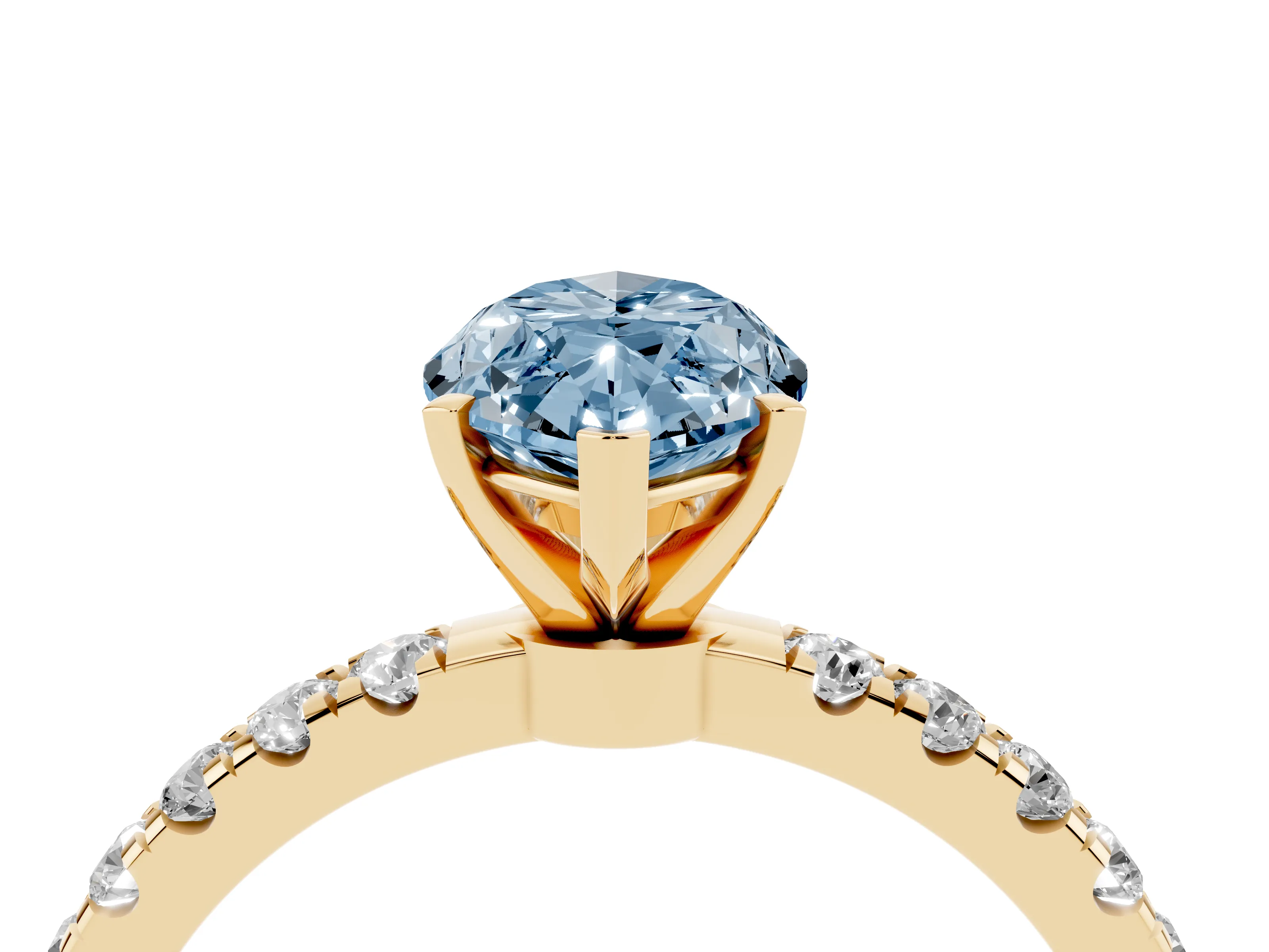 Fancy Blue Marquise Cut Diamond Solitaire Ring Set in Yellow gold with Pavé Accents and Prong Setting