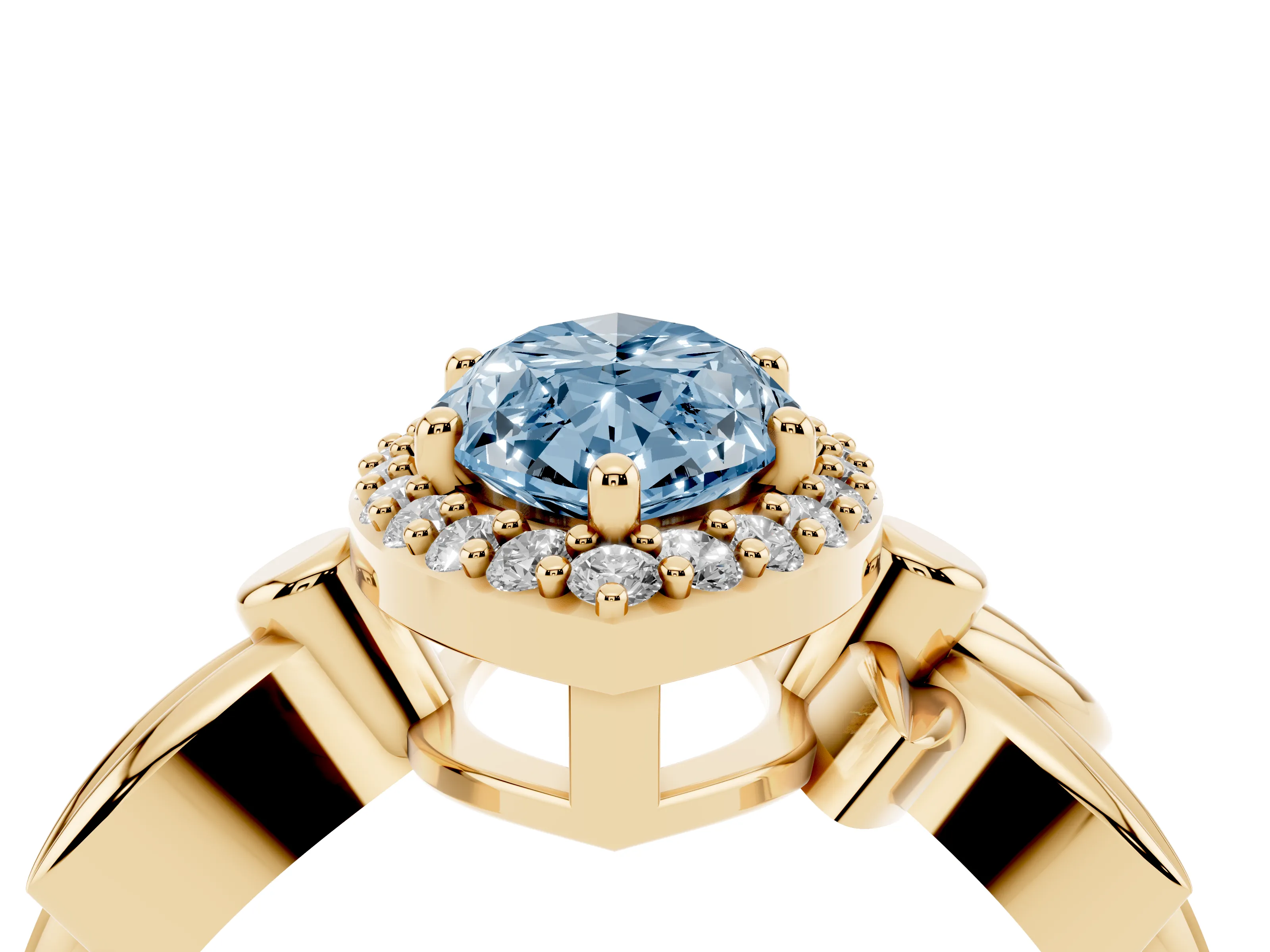 Fancy Blue Marquise Cut Diamond Halo Floral Band Ring Set in Yellow gold with Prong Setting