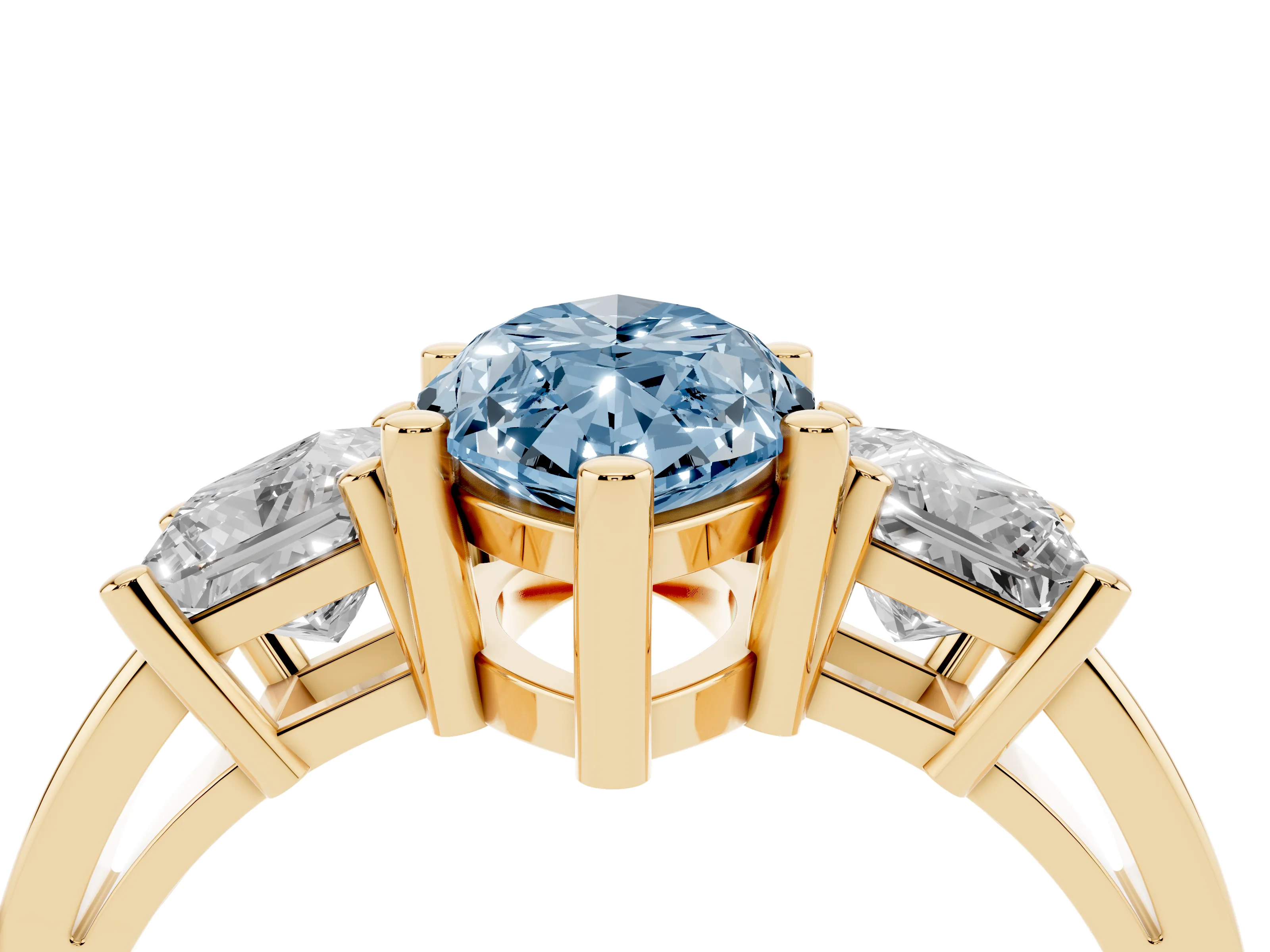 Fancy Blue Three-Stone Marquise Cut Diamond Solitaire Ring Set in Yellow gold with Prong Setting
