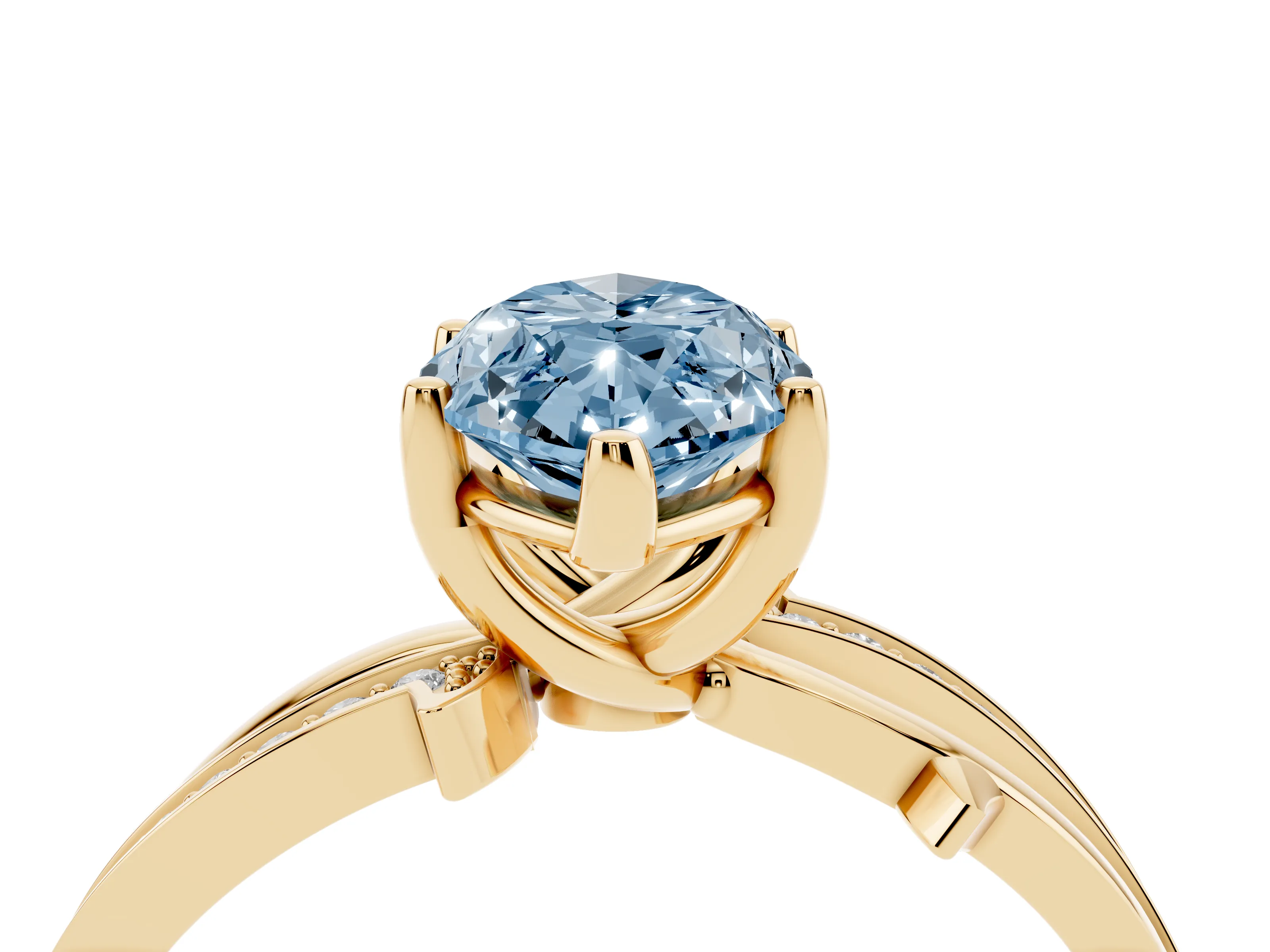 Fancy Blue Marquise Cut Diamond Pavé Twist Band Solitaire Ring Set in Yellow gold with Prong Setting