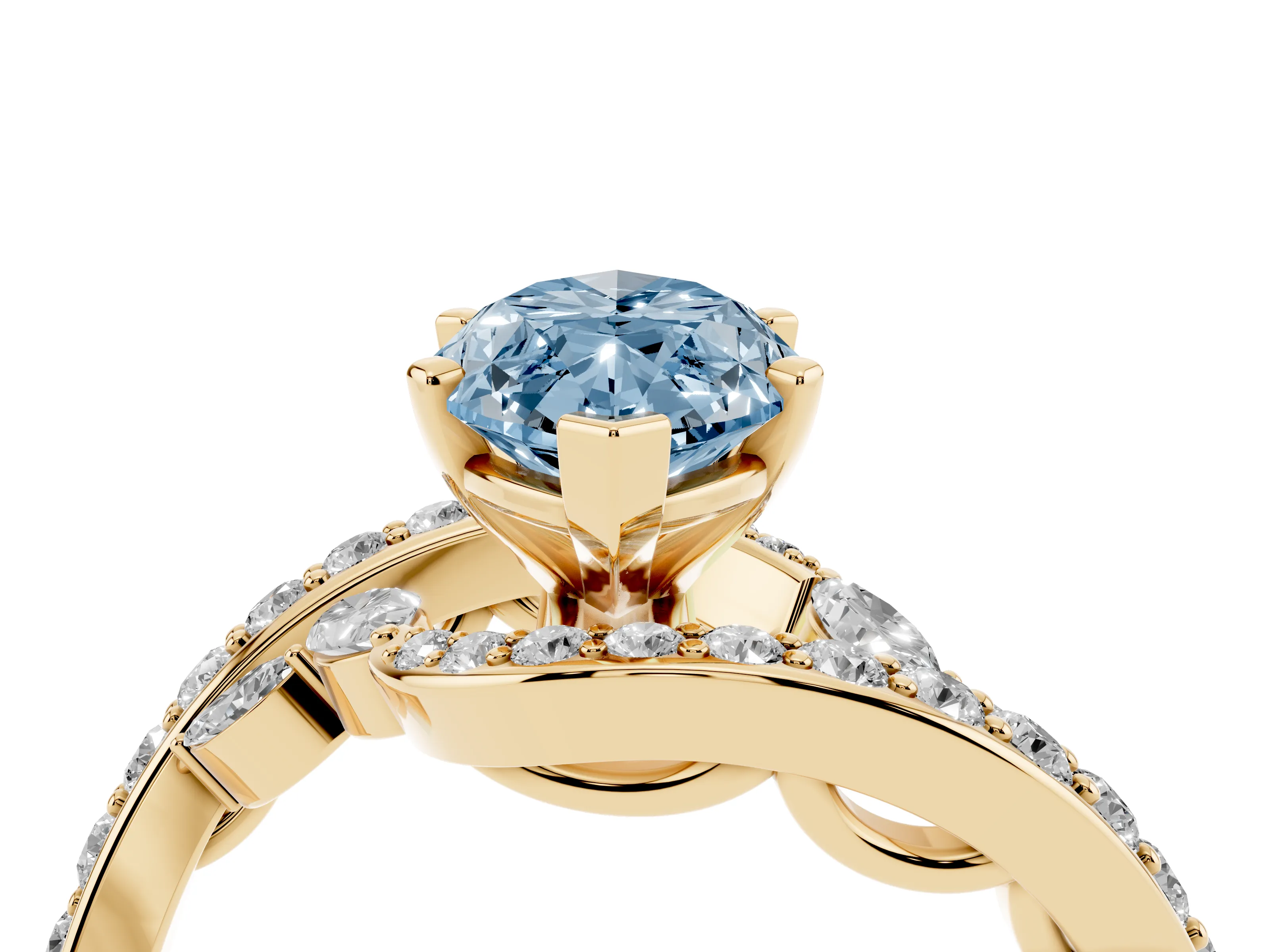 Fancy Blue Marquise Cut Diamond Solitaire Ring Set in Yellow gold with Pavé Twist Band and Secure Prong Setting