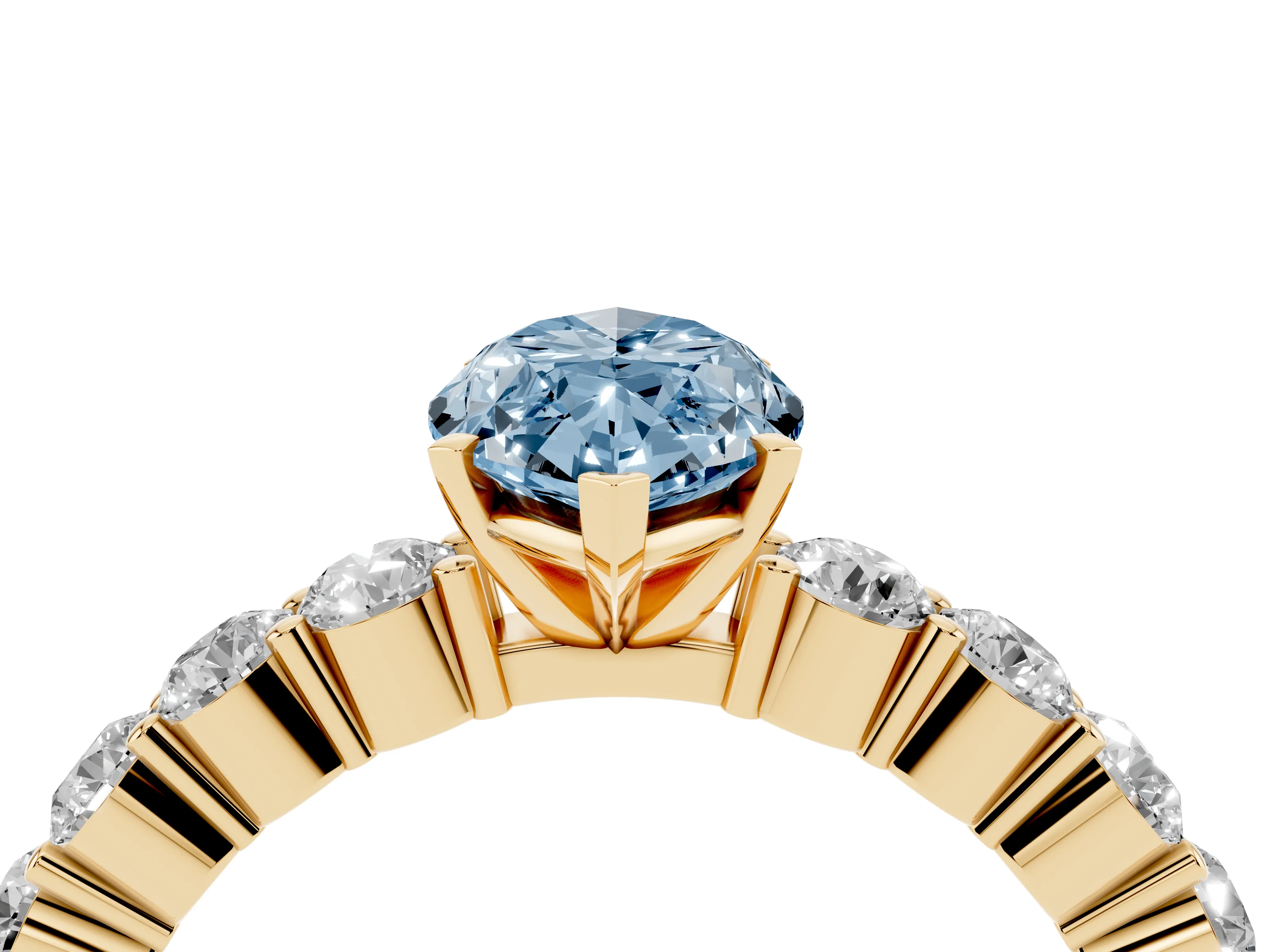 Fancy Blue Marquise Cut Diamond Solitaire Ring Set in Yellow gold with Shared Prong Round Side Stones
