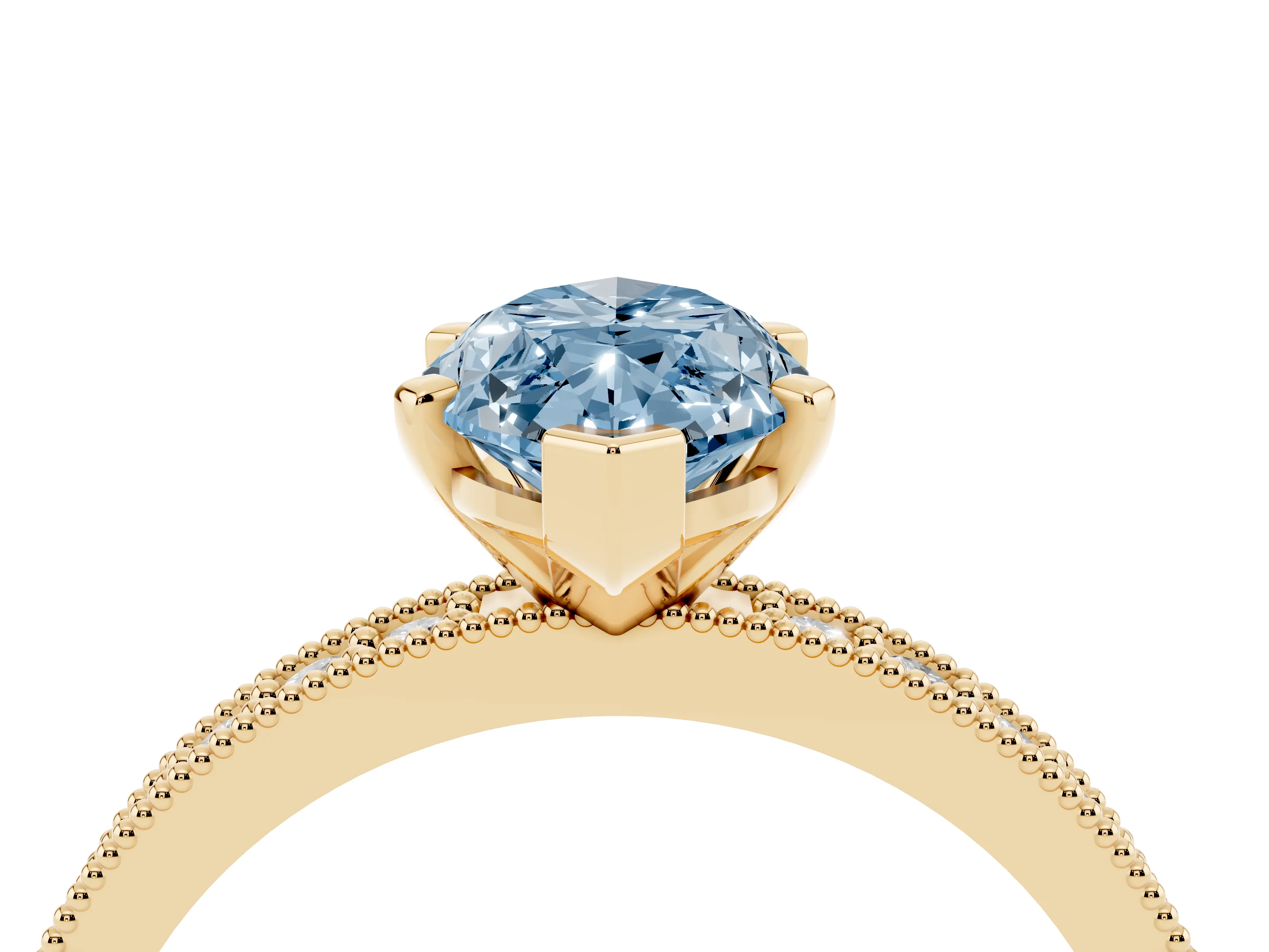 Fancy Blue Marquise Cut Diamond Milgrain Pavé Engagement Ring Set in Yellow gold with Prong Setting