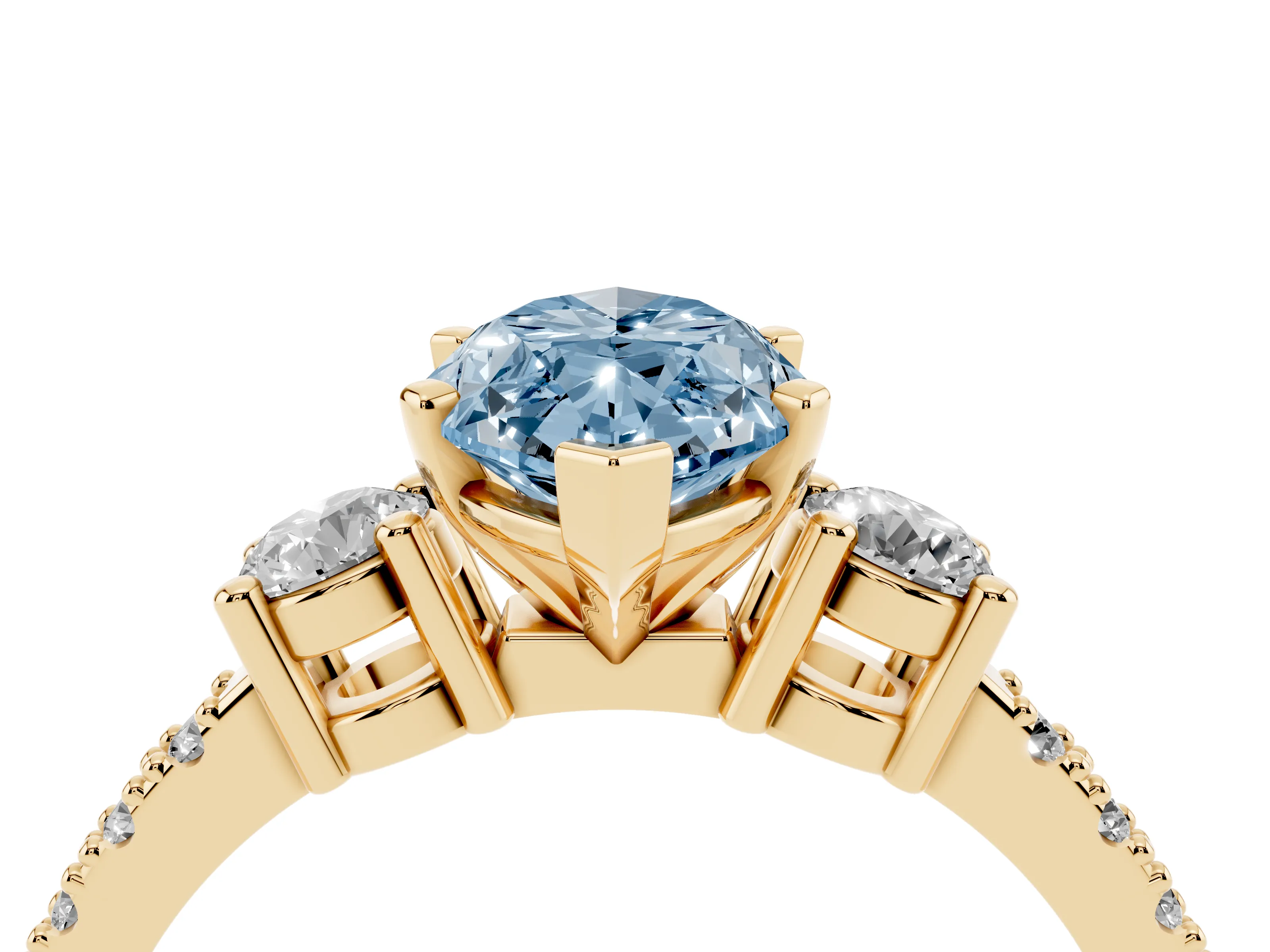 Fancy Blue Three-Stone Marquise Cut Diamond Pavé Band Ring Set in Yellow gold with Prong Setting