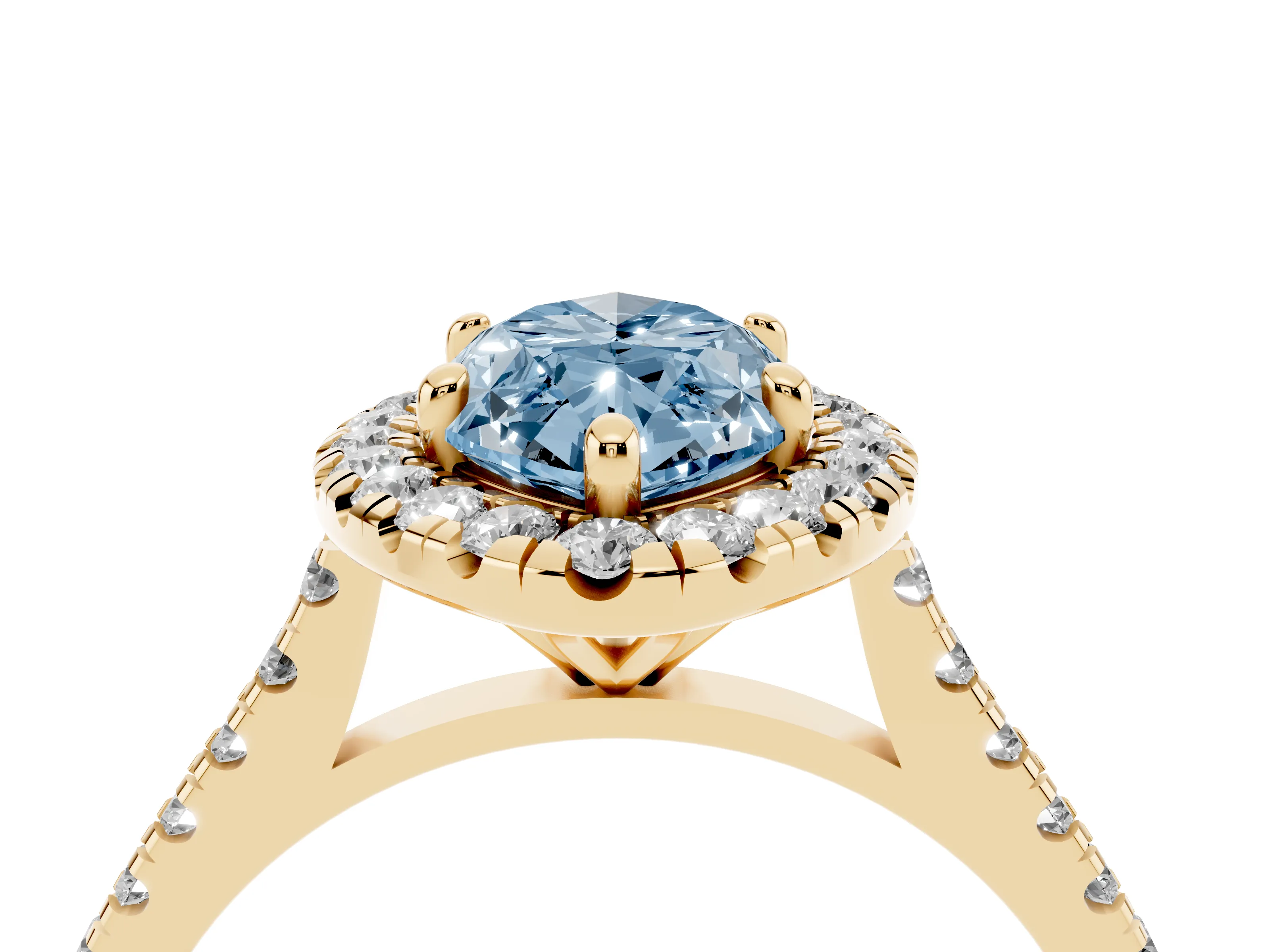 Fancy Blue Marquise Cut Diamond Cushion Halo Ring Set in Yellow gold with Pavé Band