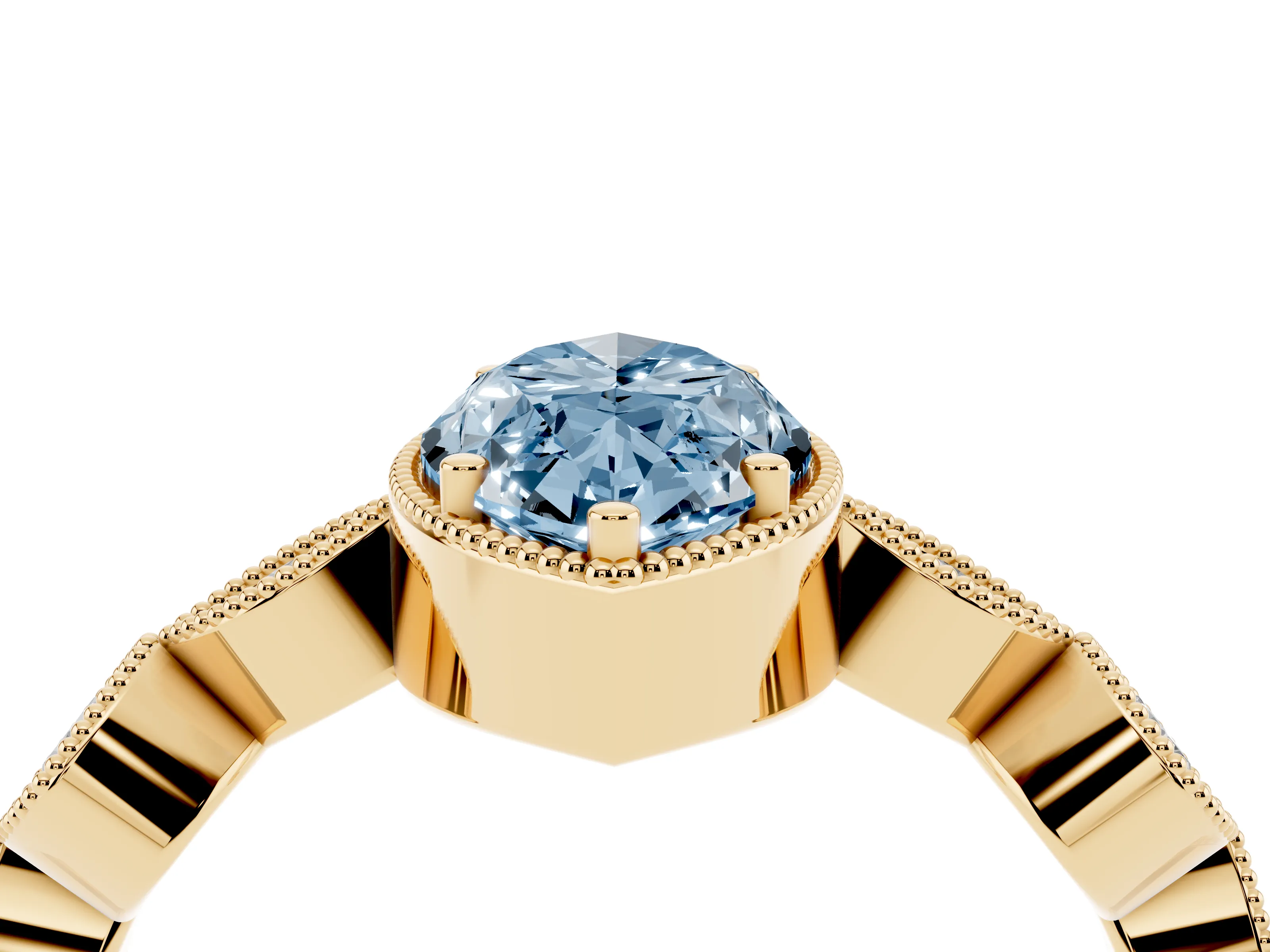 Fancy Blue Marquise Cut Diamond Vintage-Inspired Milgrain Ring Set in Yellow gold with Marquise Stations of Round Accents