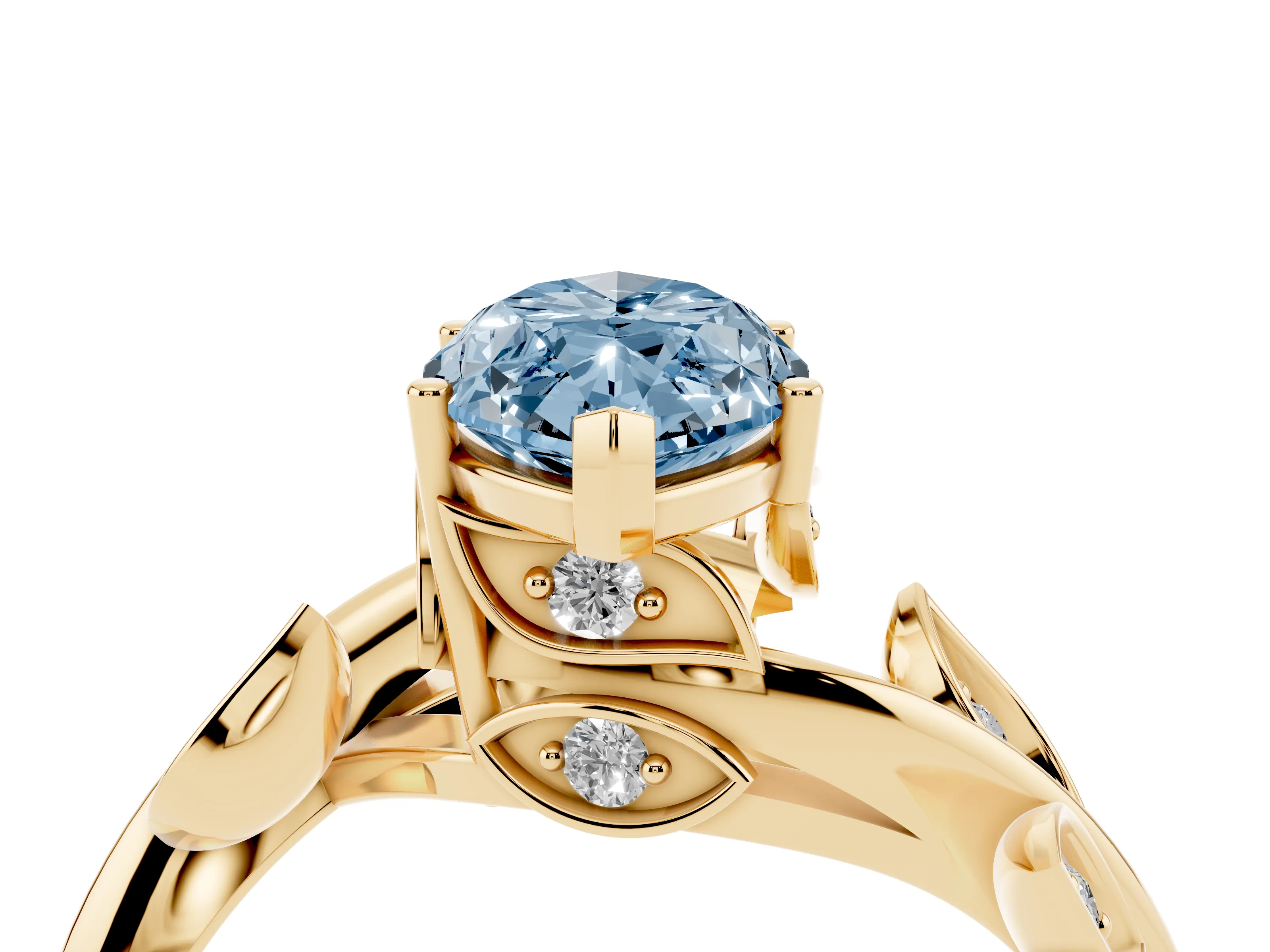 Fancy Blue Marquise Cut Diamond Solitaire Twist Engagement Ring Set in Yellow gold with Pavé Leaf Accents