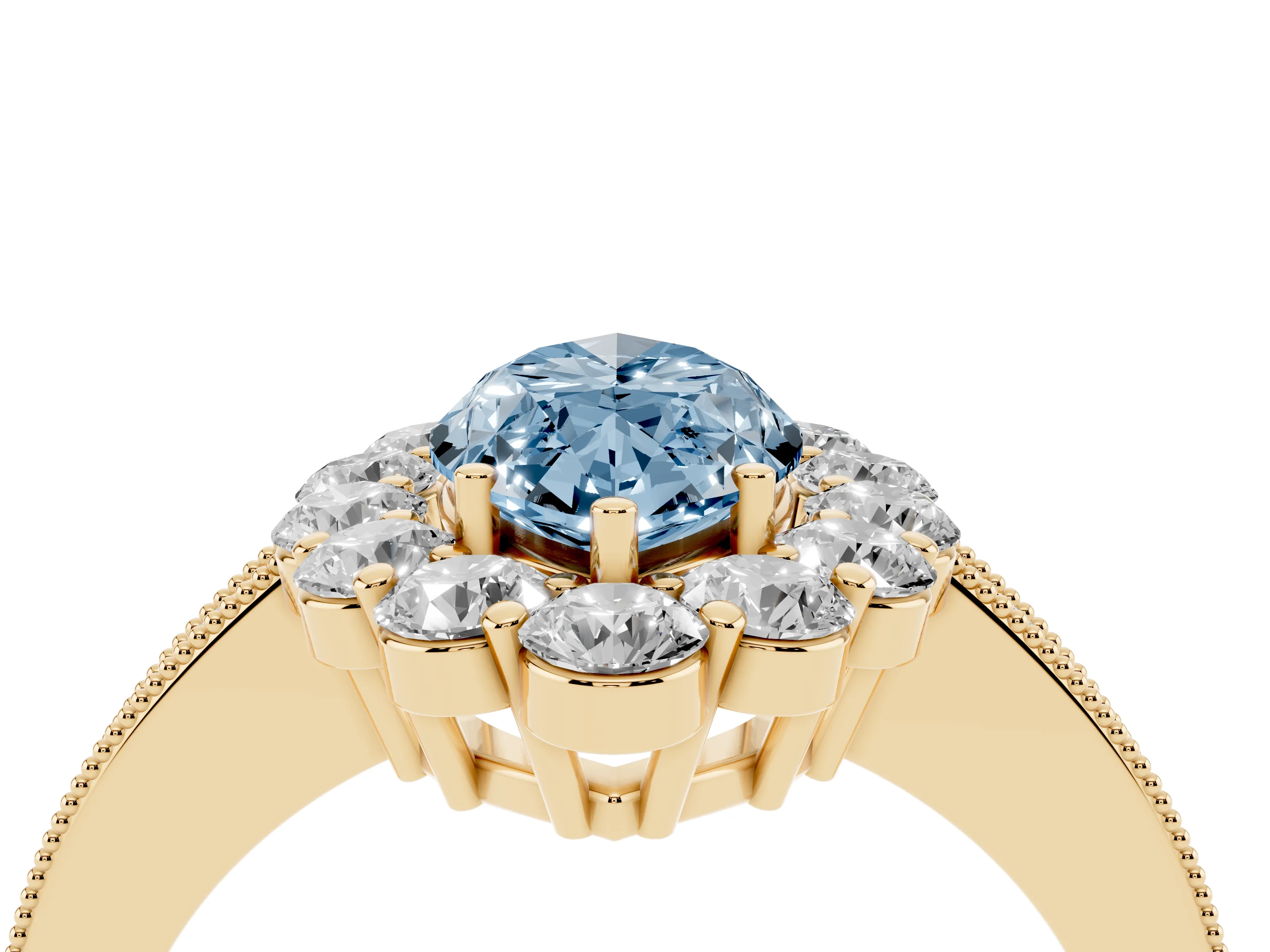 Fancy Blue Marquise Cut Diamond Halo Pavé Engagement Ring Set in Yellow gold with Milgrain Detailing