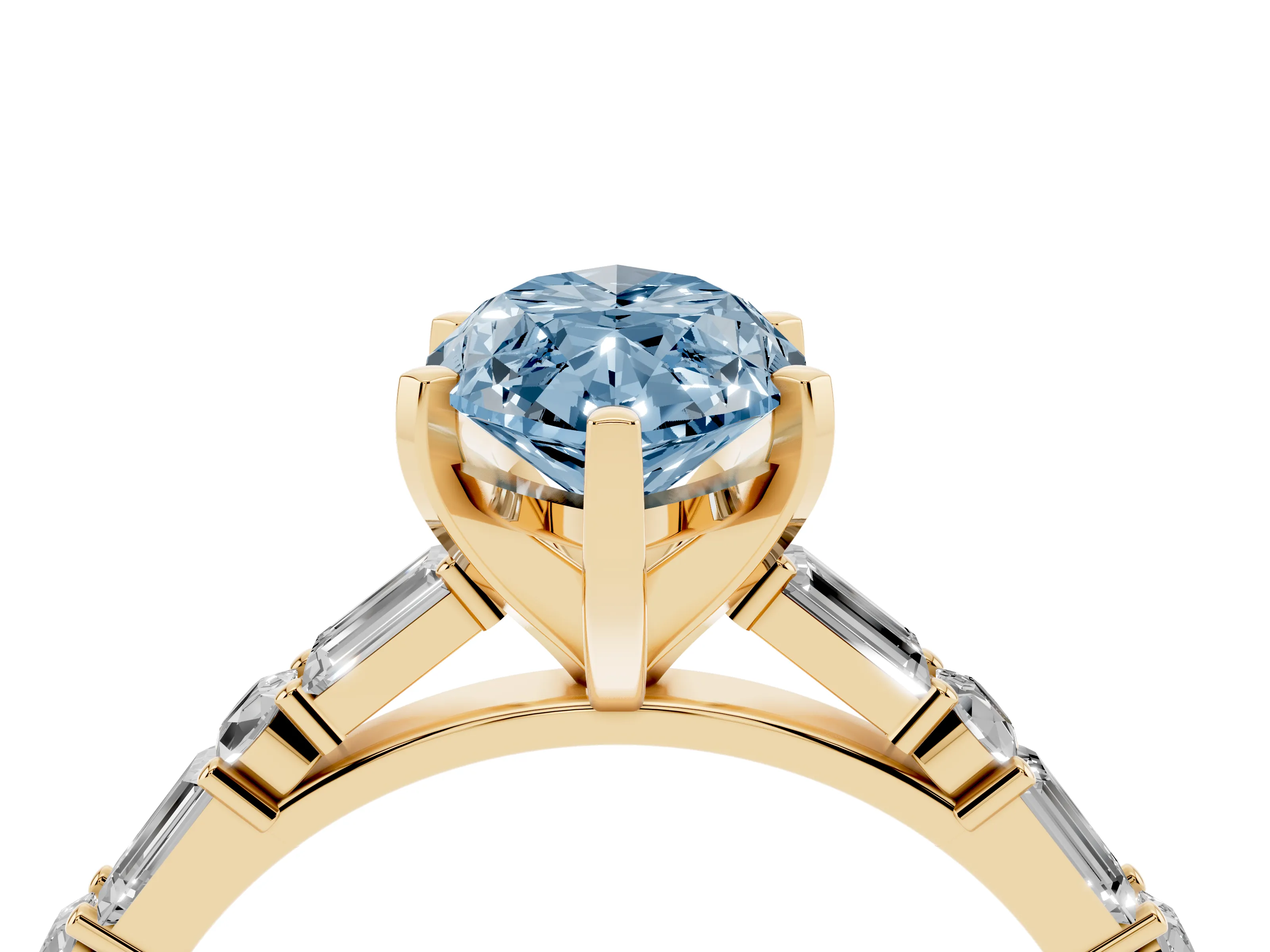 Fancy Blue Marquise Cut Diamond Solitaire Set in Yellow gold with Side Baguettes and Channel Set Band