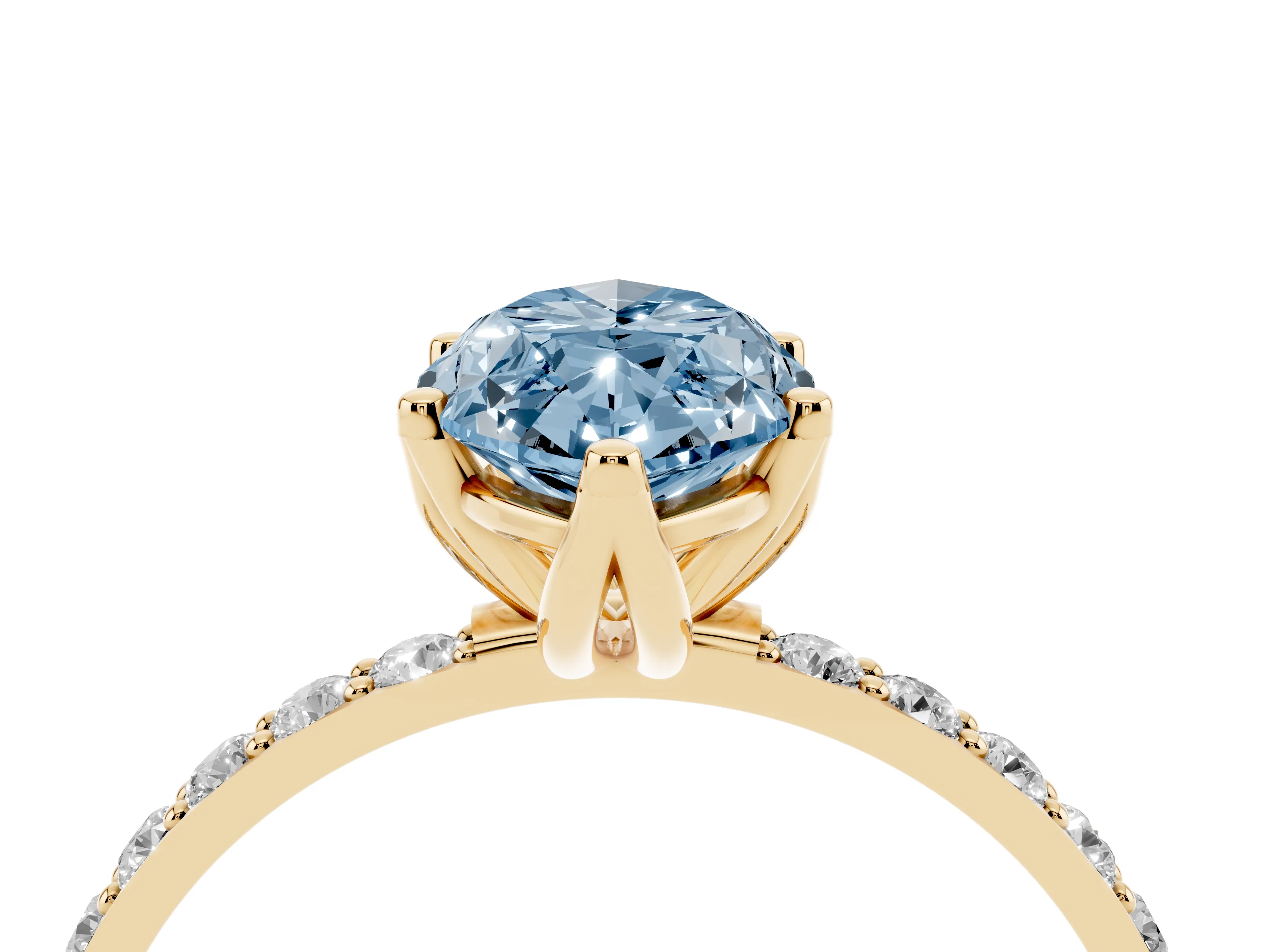 Fancy Blue Marquise Cut Diamond Solitaire Engagement Ring Set in Yellow gold with Round Pavé Band and Prong Setting