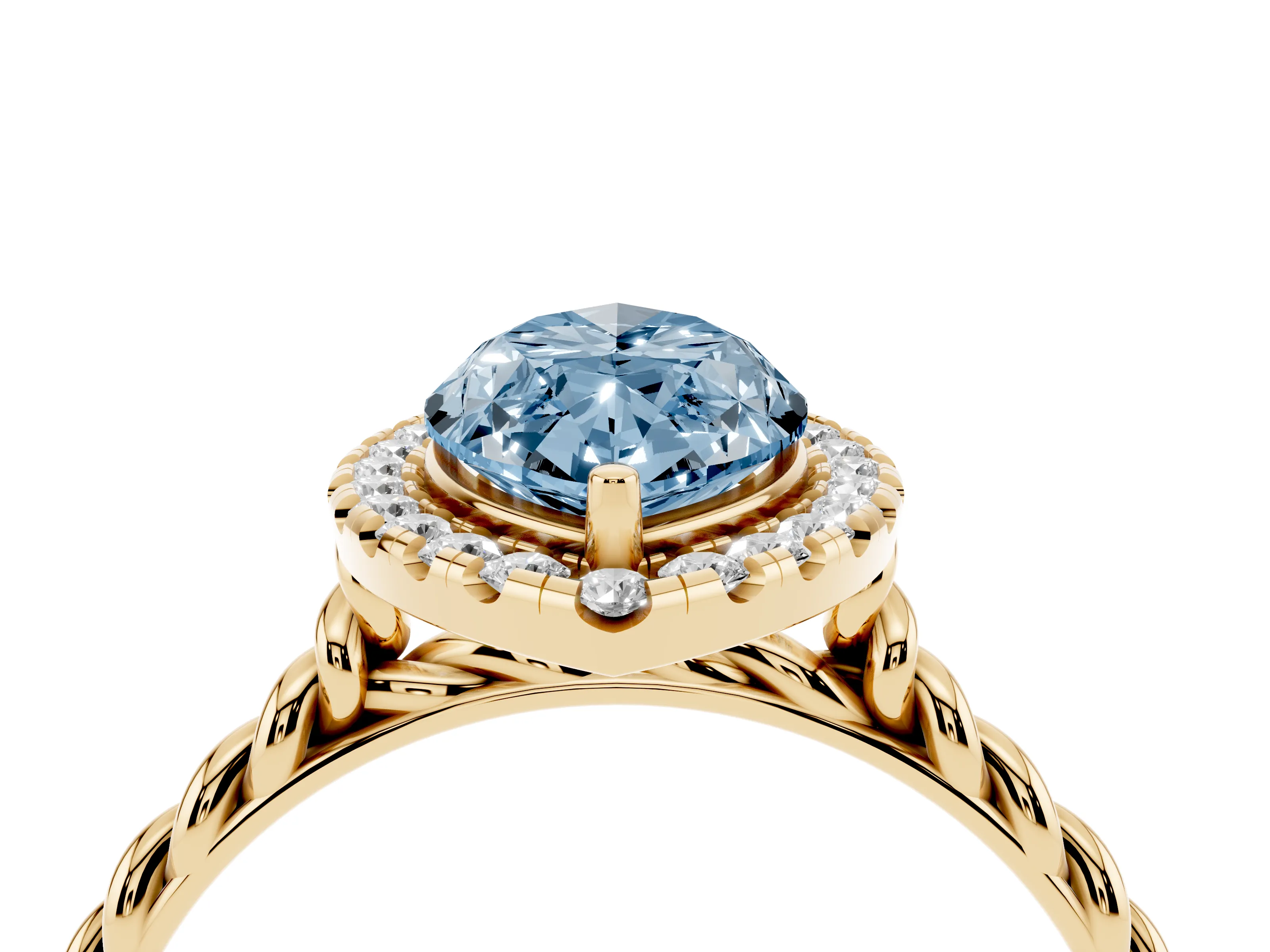 Fancy Blue Marquise Cut Diamond Halo Ring Set in Yellow gold with Plain Twisted Band