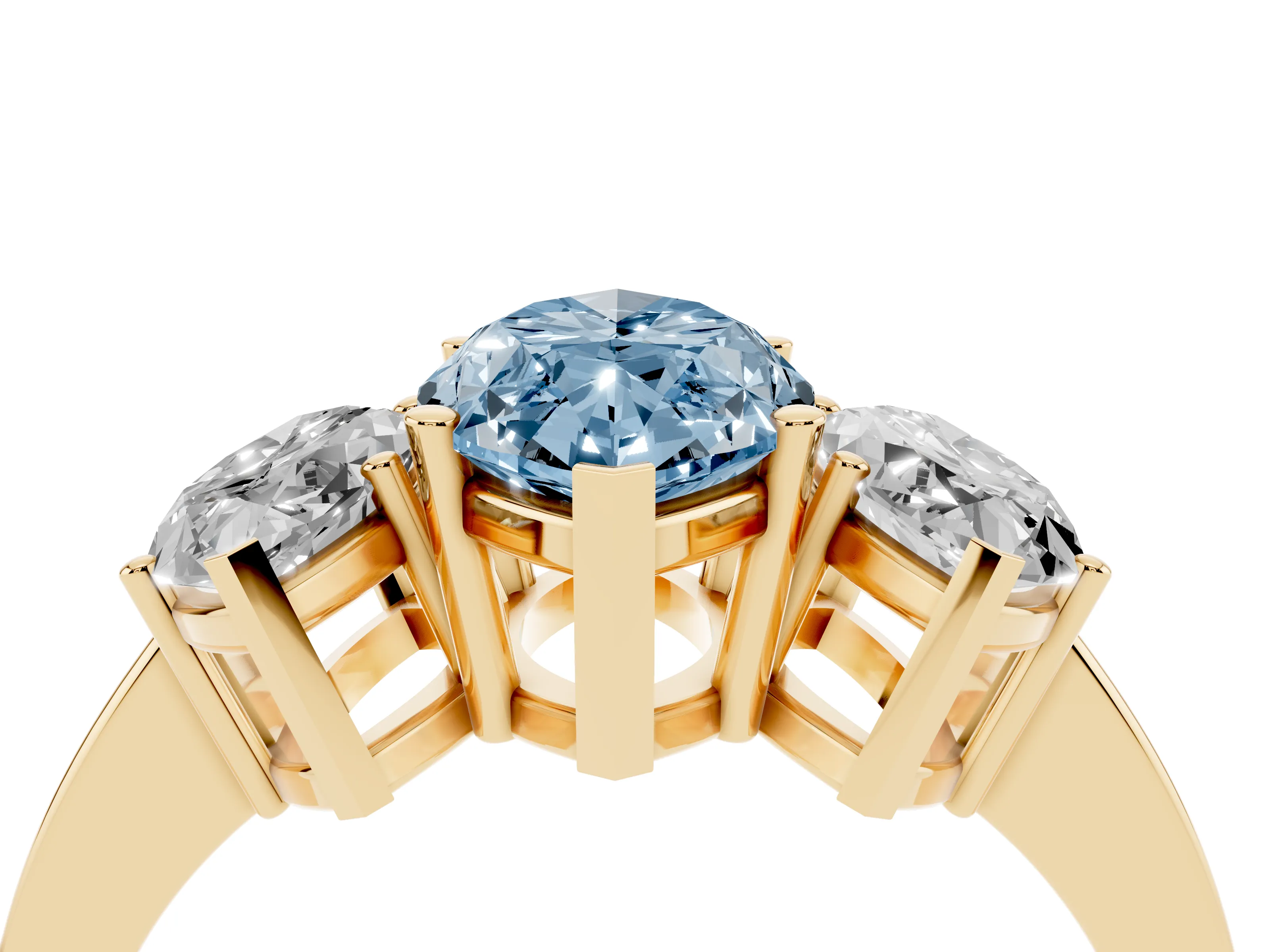 Fancy Blue Marquise Cut Diamond Three-Stone Engagement Ring Set in Yellow gold with Flat Band