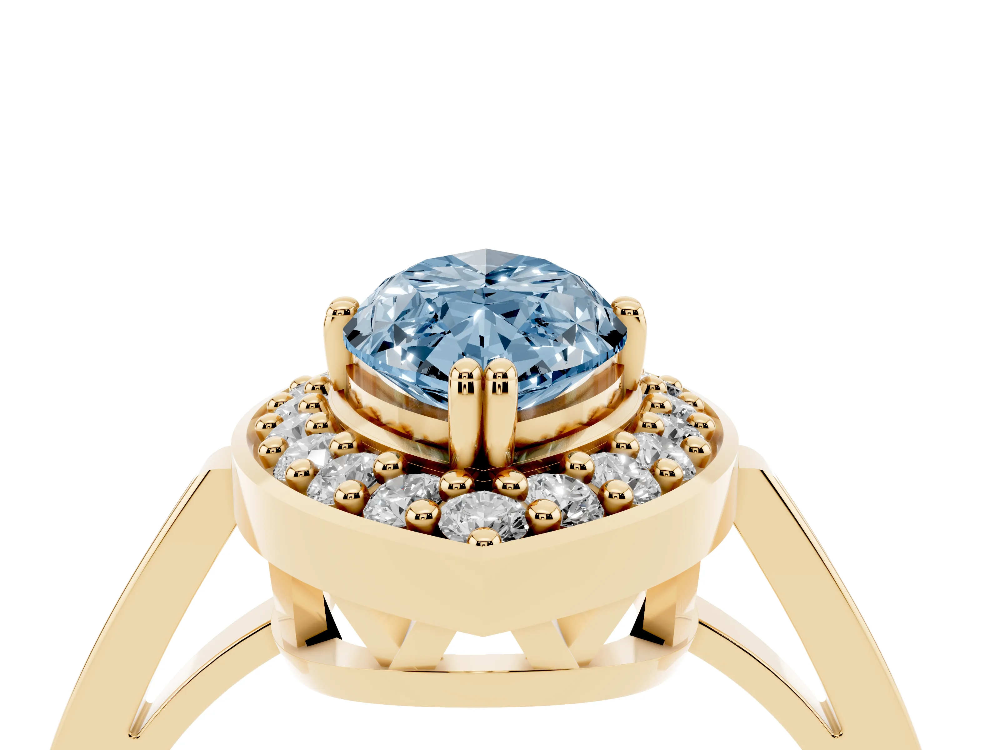 Fancy Blue Marquise Cut Diamond Halo Ring Set in Yellow gold with Accent-Lined Split Shank and Prong Setting